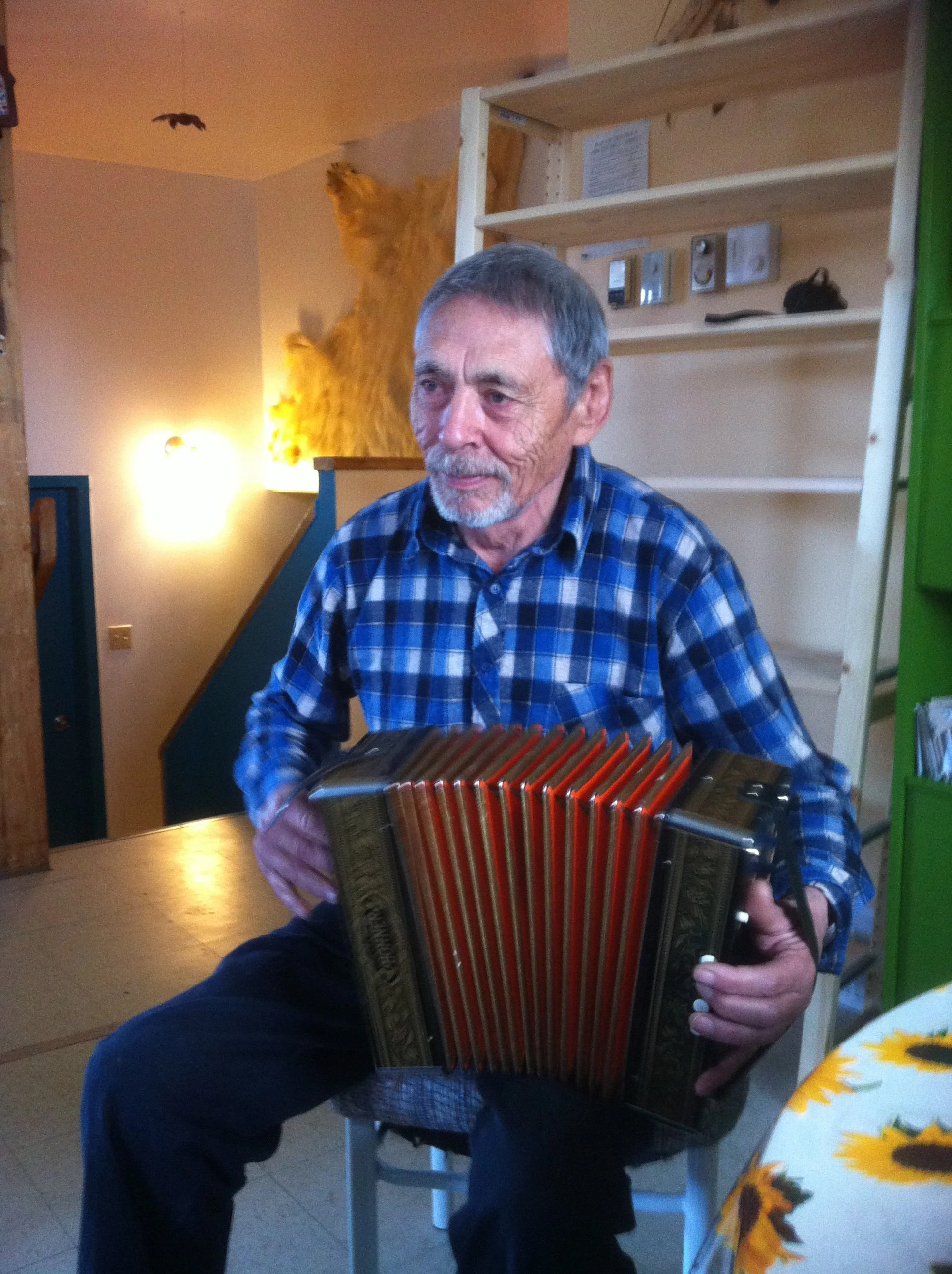 George Kudlu, accordionist, Wemindji, Eeyou Istchee, Québec. November 2011. Photograph by Frances Wilkins.