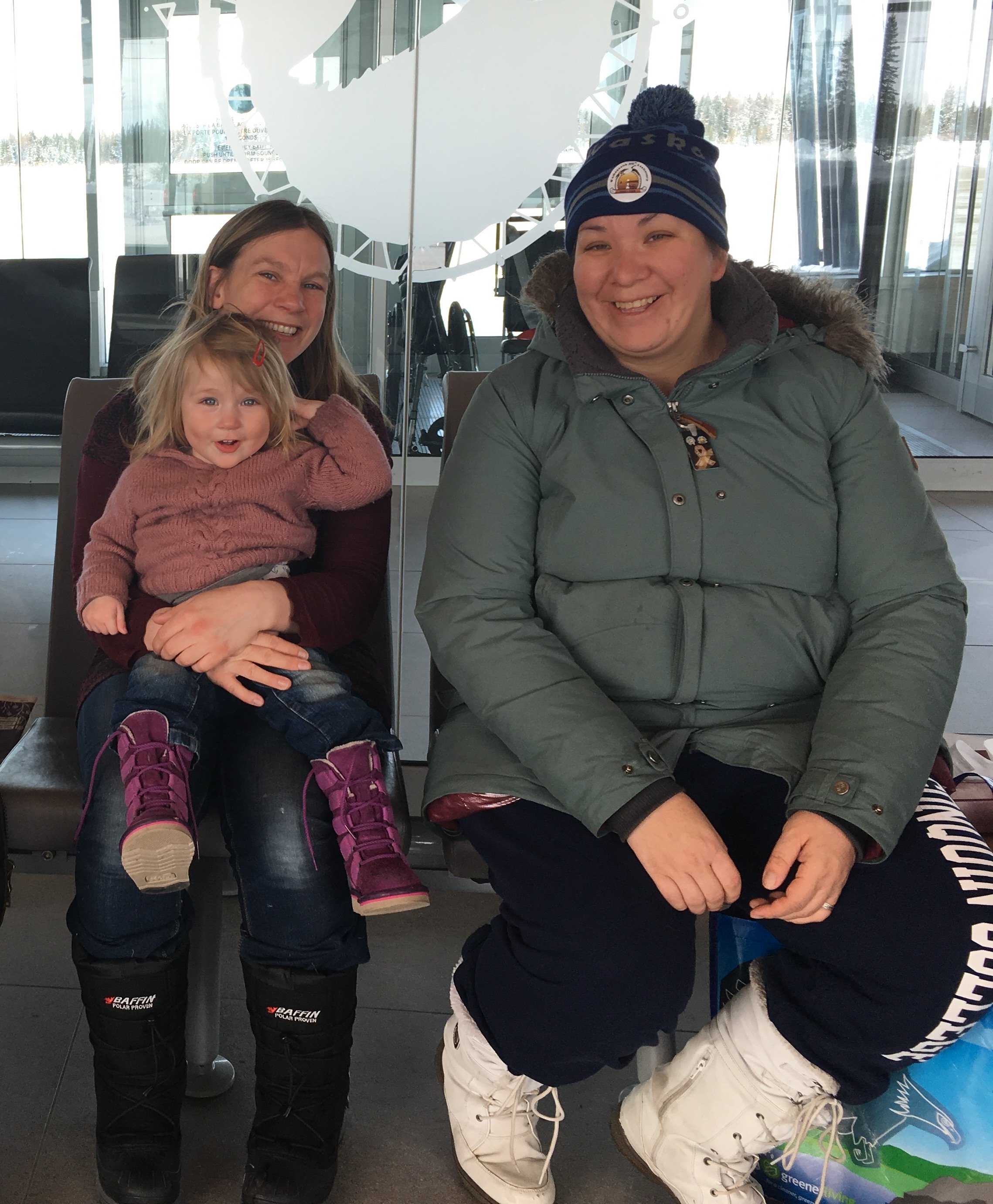 Frances with her daughter Ada and curator Jamie Stevens, Waskaganish, Eeyou Istchee, Québec. March 2018. Photograph by Ronan Martin.