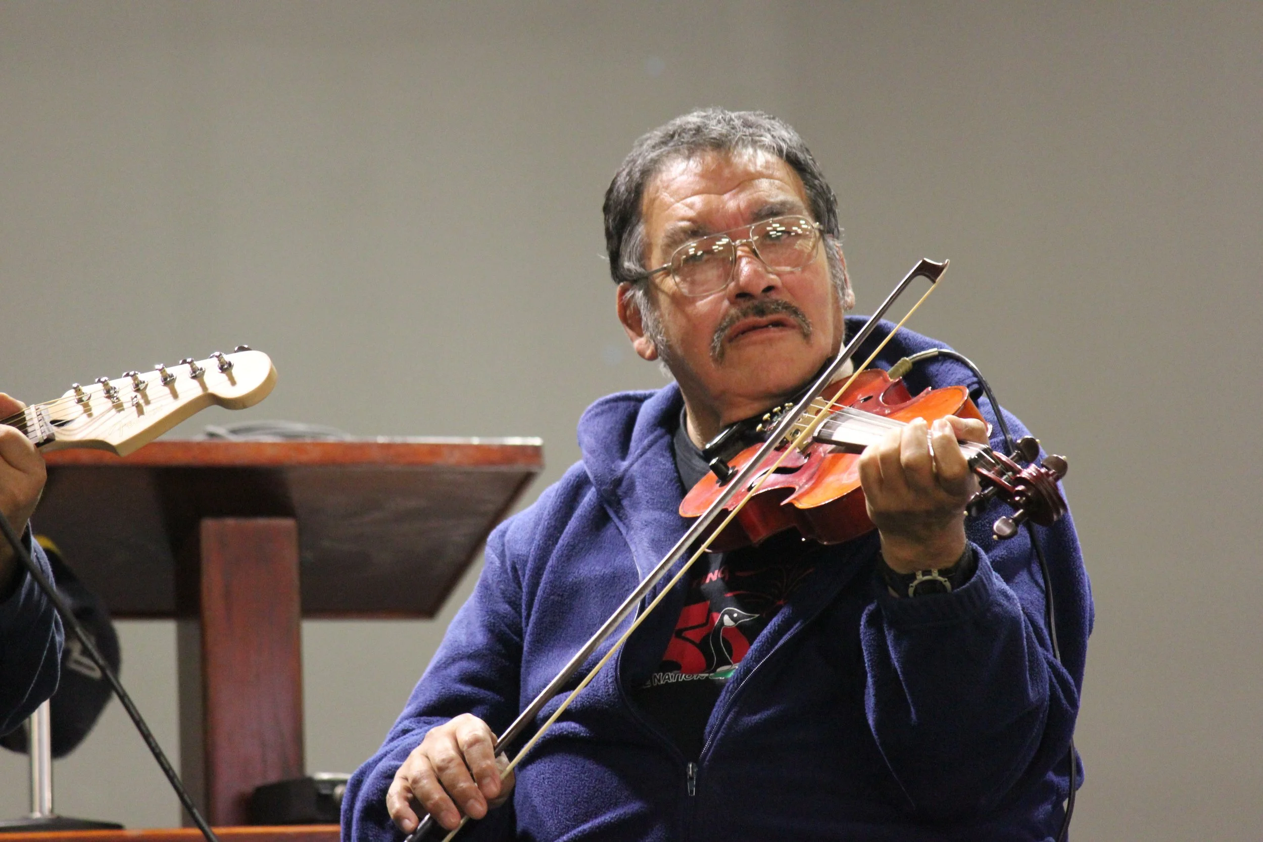 David Kakabat performing in Wemindji, Eeyou Istchee, Québec. November 2011. Photograph by Frances Wilkins.