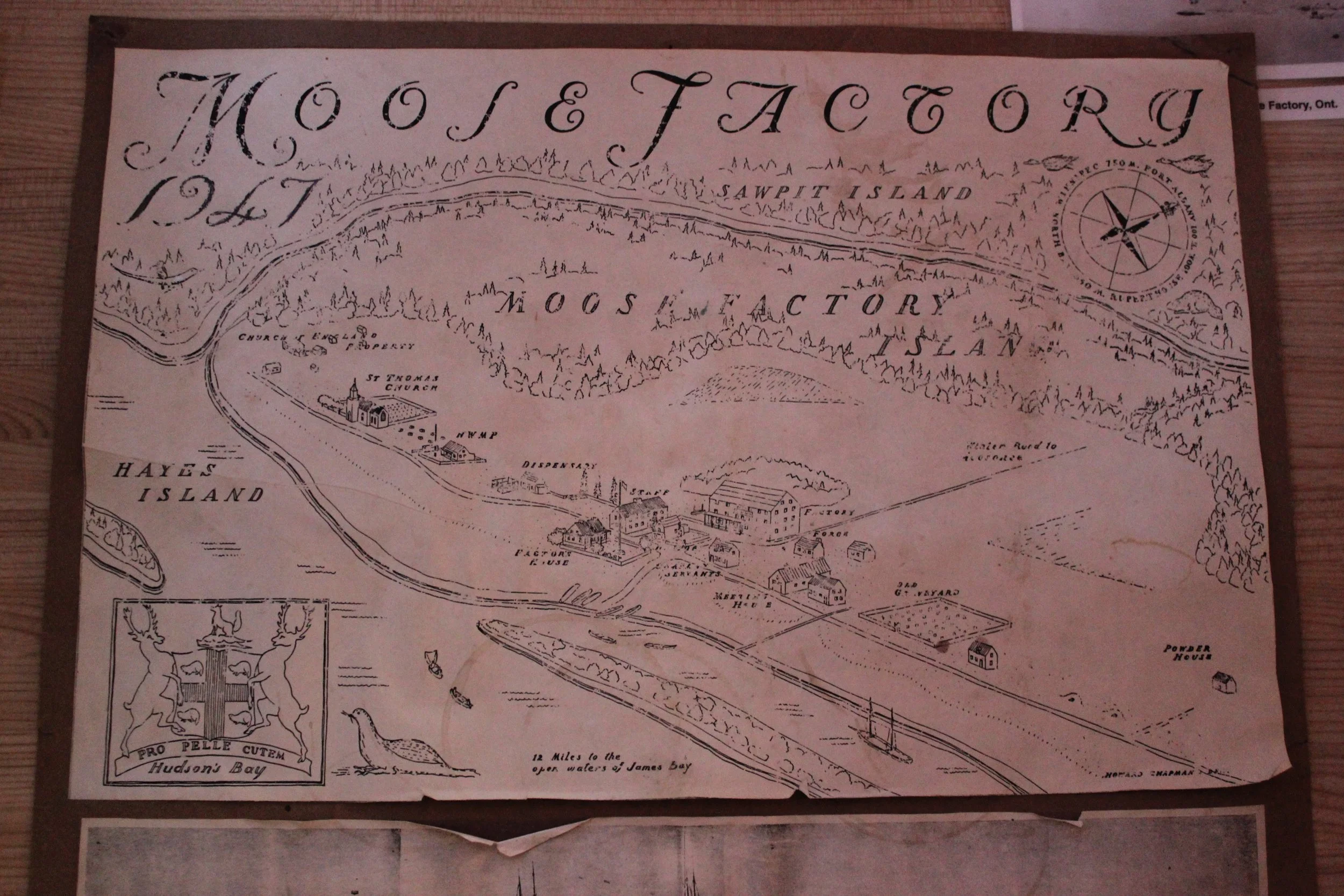 Map of Moose Factory in Cree Interpretive Centre, Moose Factory, Northern Ontario, December 2011. Photograph by Frances Wilkins. 
