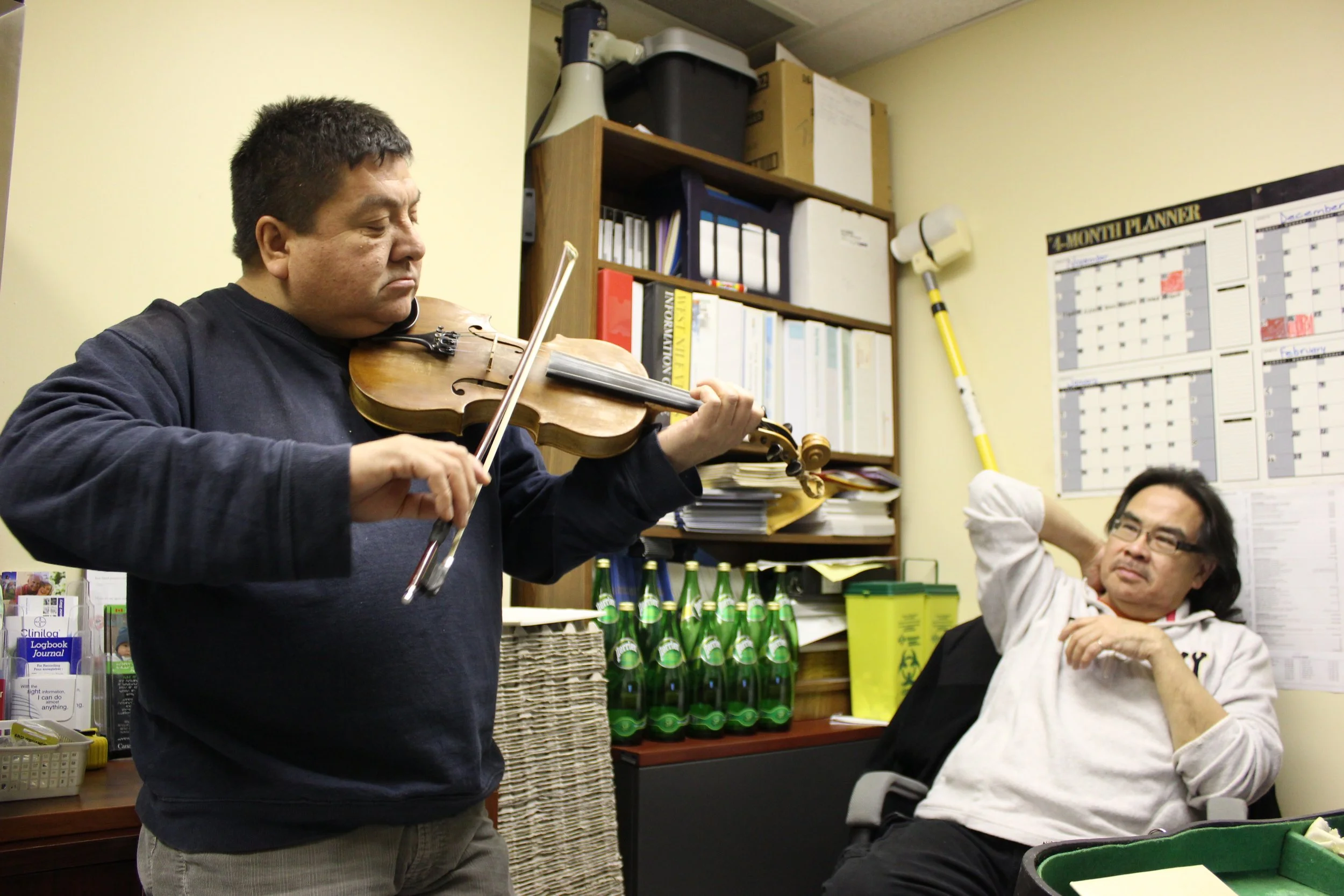 Victor Weanicappo and Thomas Jolly, Moose Factory, Northern Ontario, December 2011. Photograph by Frances Wilkins. 