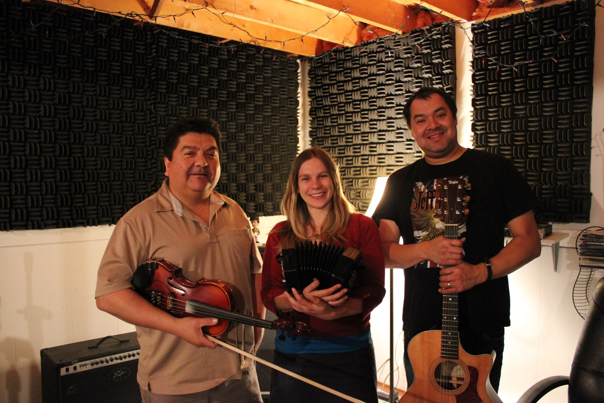 Frances with Victor Weanicappo and Darrel McLeod, Moose Factory, Northern Ontario, December 2011. 