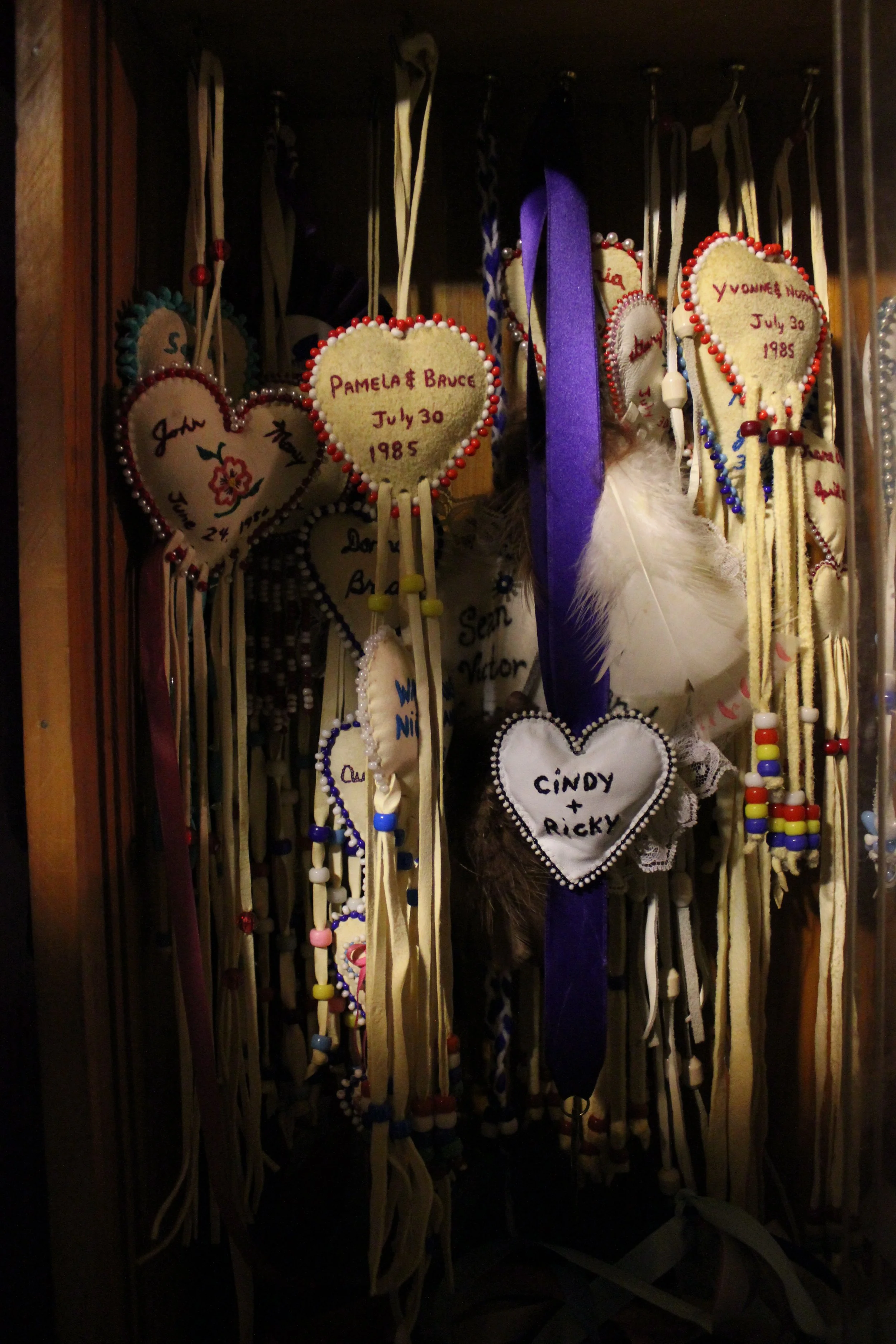 Moose hide wedding hearts, from the collection of Clarence Louttit, Moose Factory, Northern Ontario, December 2011. Photograph by Frances Wilkins. 