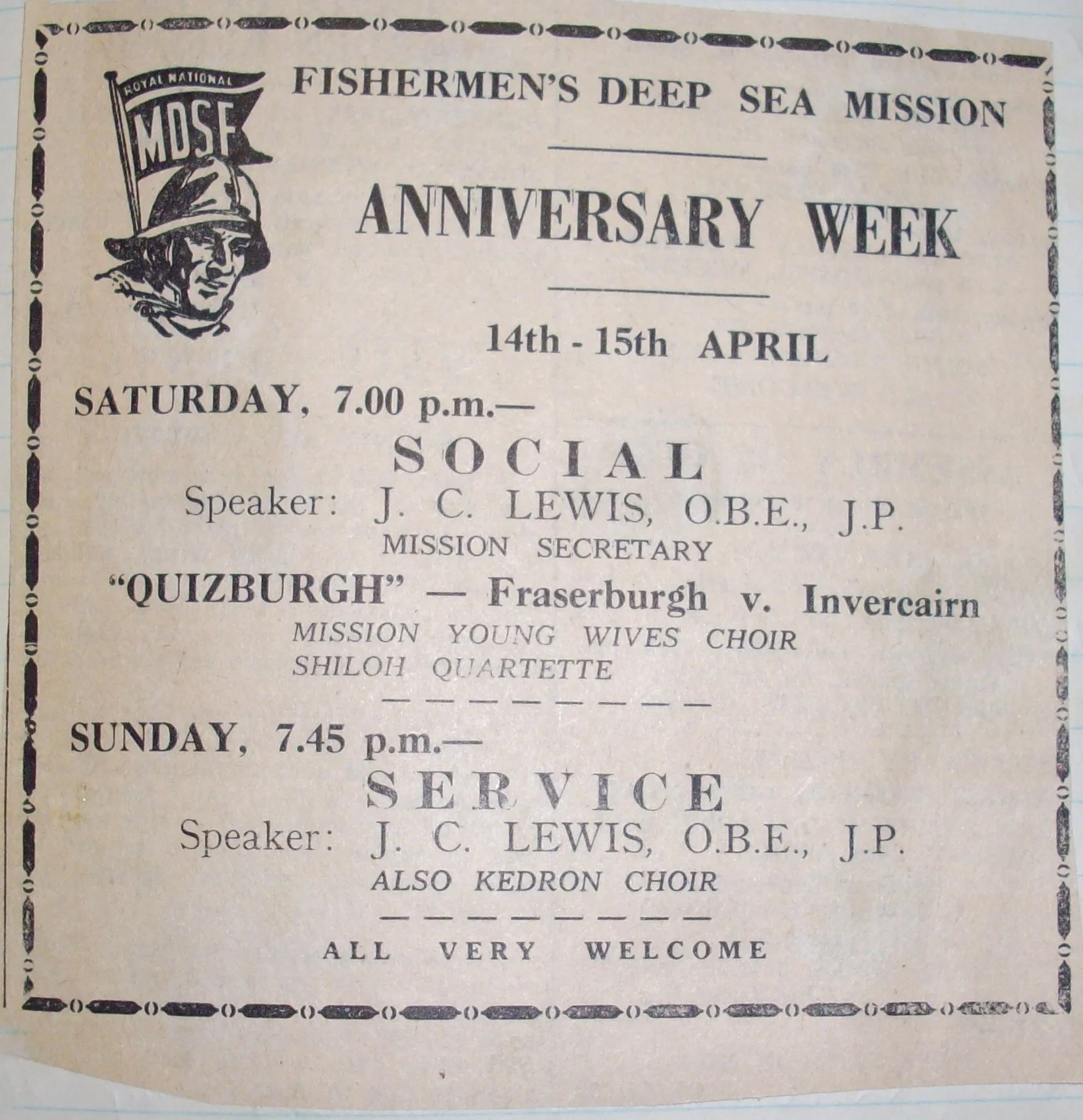 Fraserburgh Fishermen's Deep Sea Mission anniversary weekend advert [n.d.].