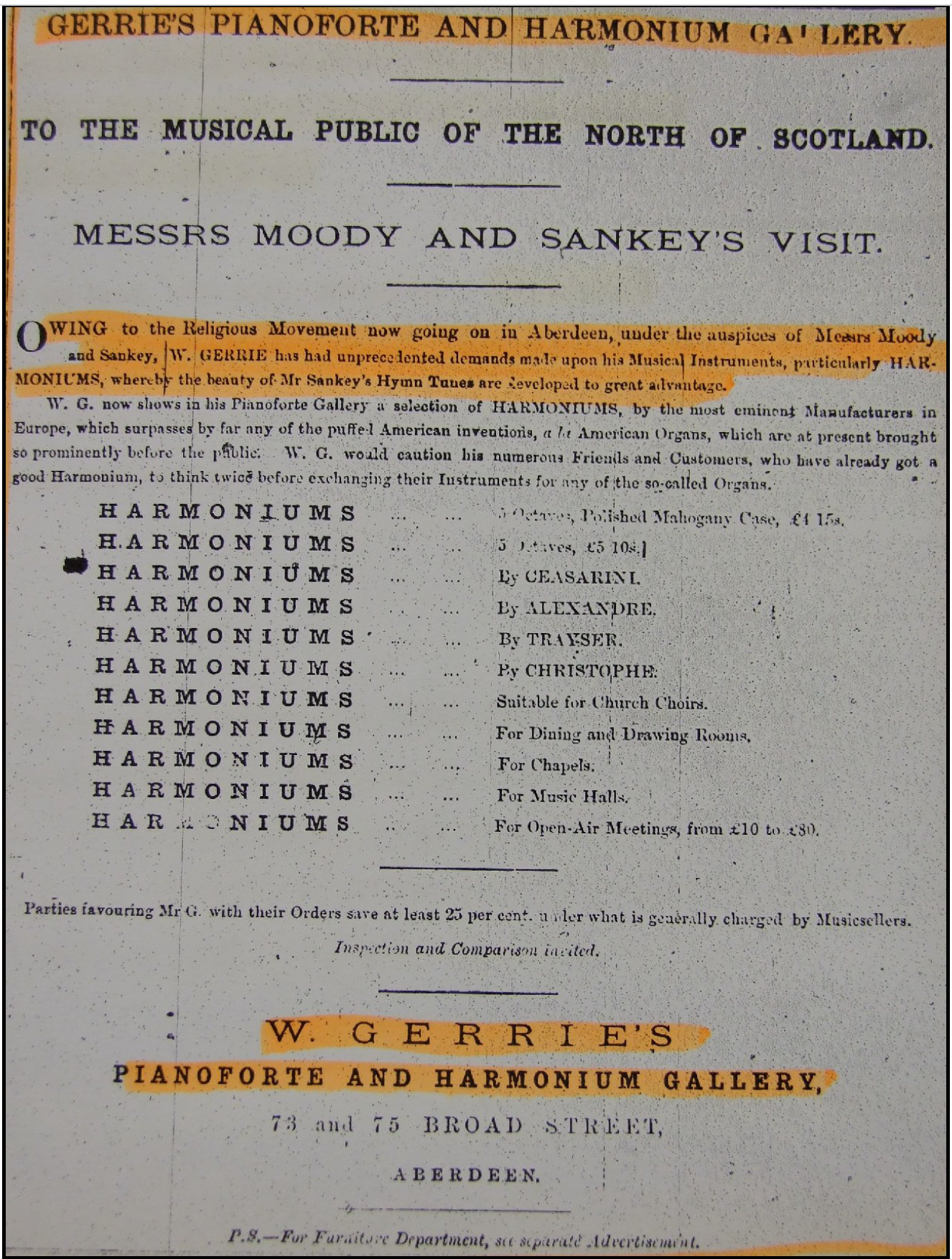 Harmonium newspaper advert, Aberdeen, 1874.