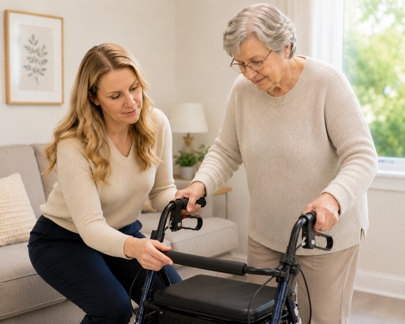A young woman helping an elderly woman with a walker in a cozy living room with a sofa, pillows, framed artwork, and a window with greenery outside.