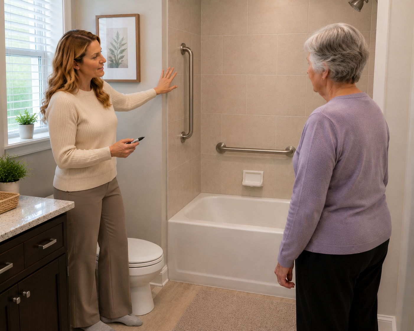 A younger woman explains assistive bathroom safety features to an older woman in a bathroom.