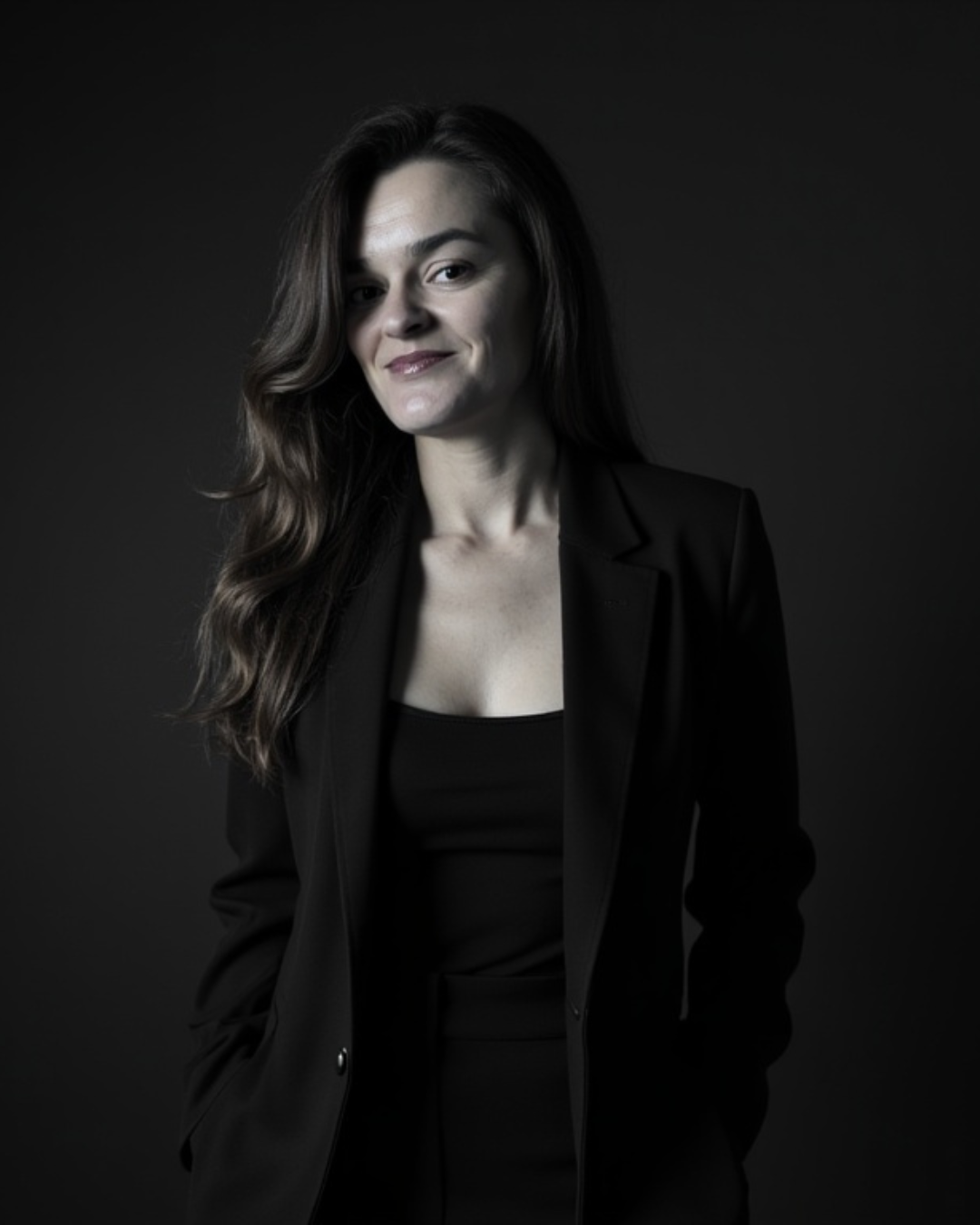 Amanda of Smith + Soma, buyer behavior and nervous system analyst, standing confidently against a dark background — helping entrepreneurs decode why warm leads go quiet.