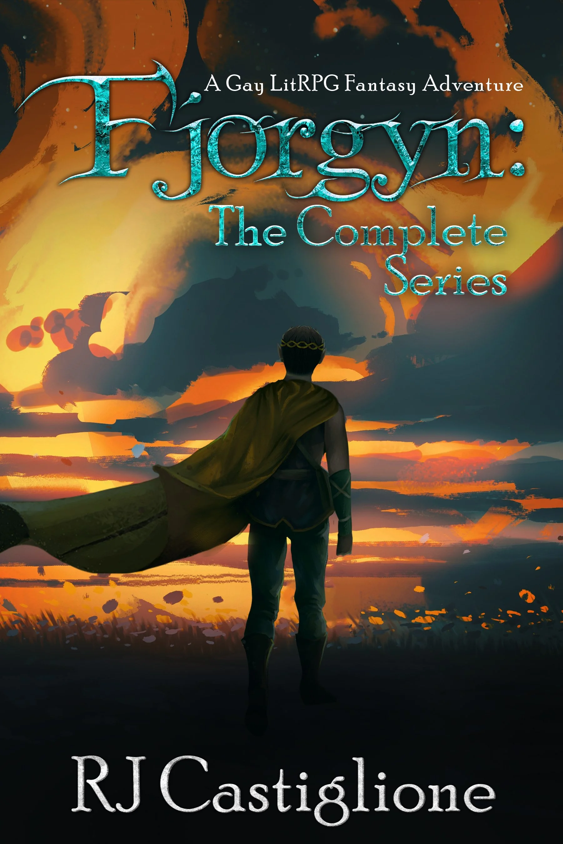 The cover of a book titled "Fjorgyn: The Complete Series" by RJ Castiglione features an illustration of a person with a cloak standing outdoors, facing a sunset with dramatic clouds in the background.