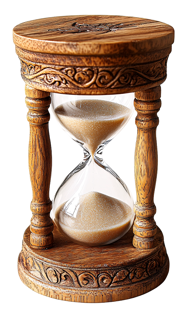 A wooden hourglass with sand inside.