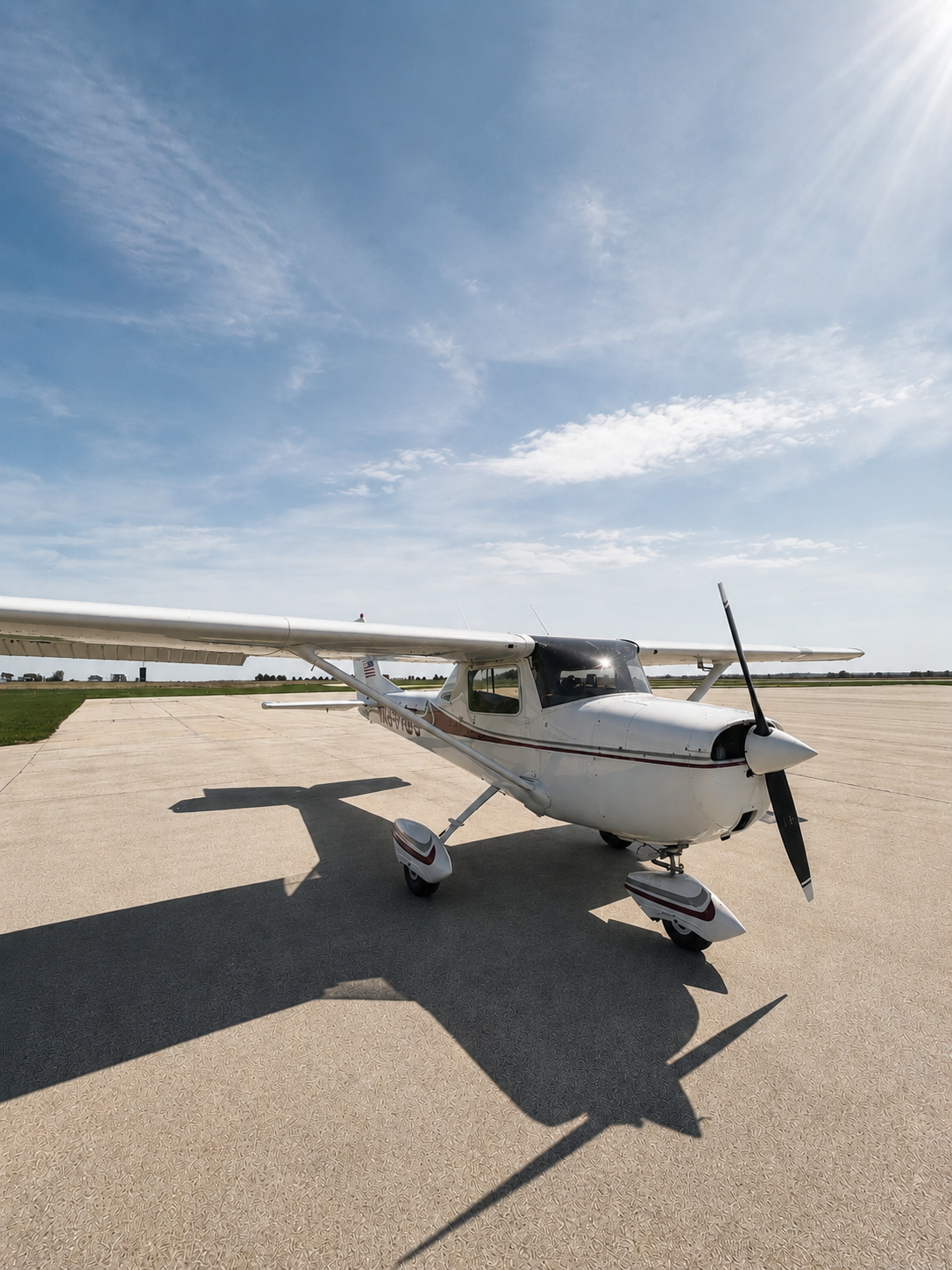 Small white airplane parked on a tarmac under a partly cloudy sky with the sun shining.