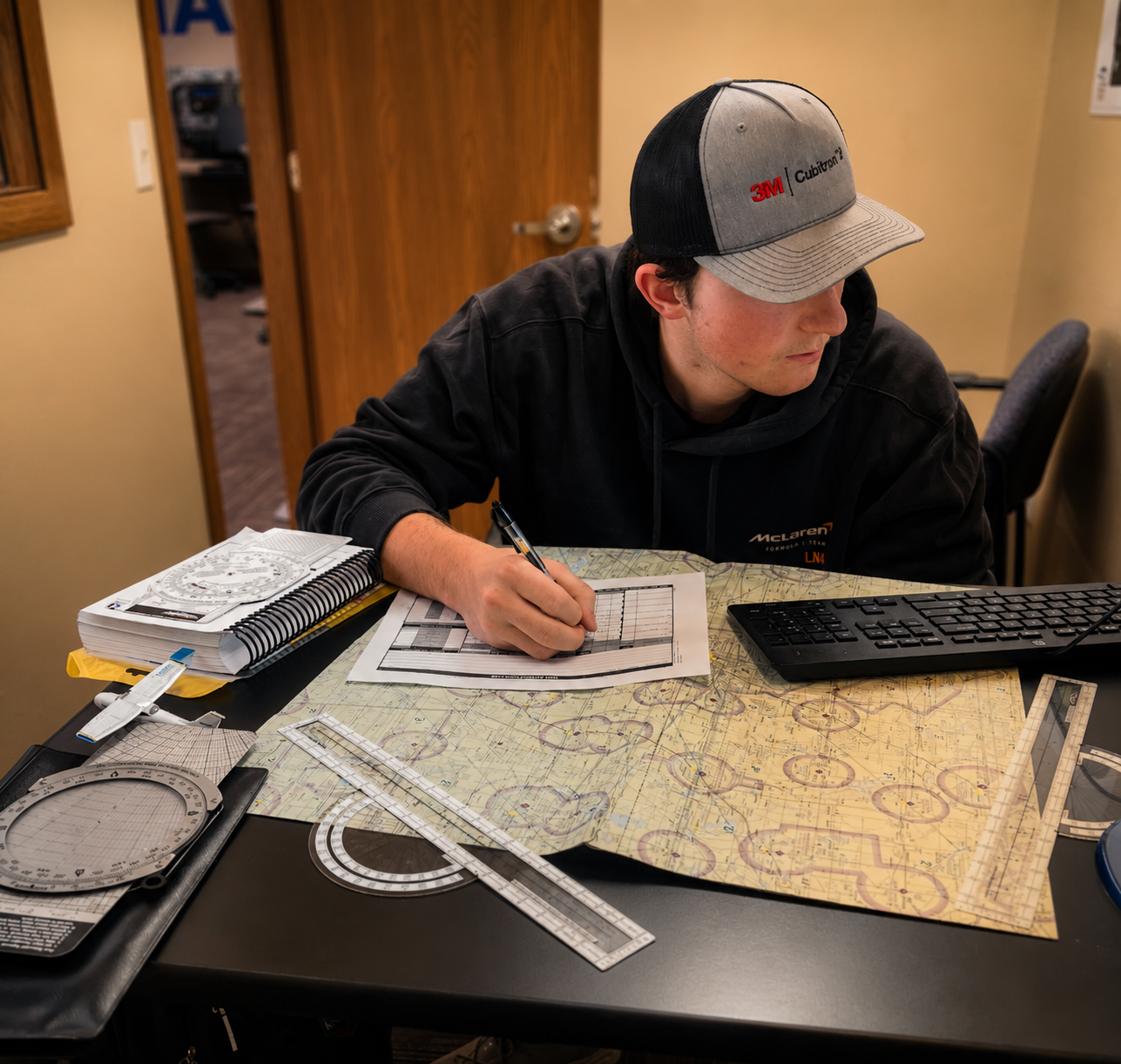 Young man sitting at desk working on navigational or technical charts, with tools and documents surrounding him, in a room with wooden door and yellow walls.