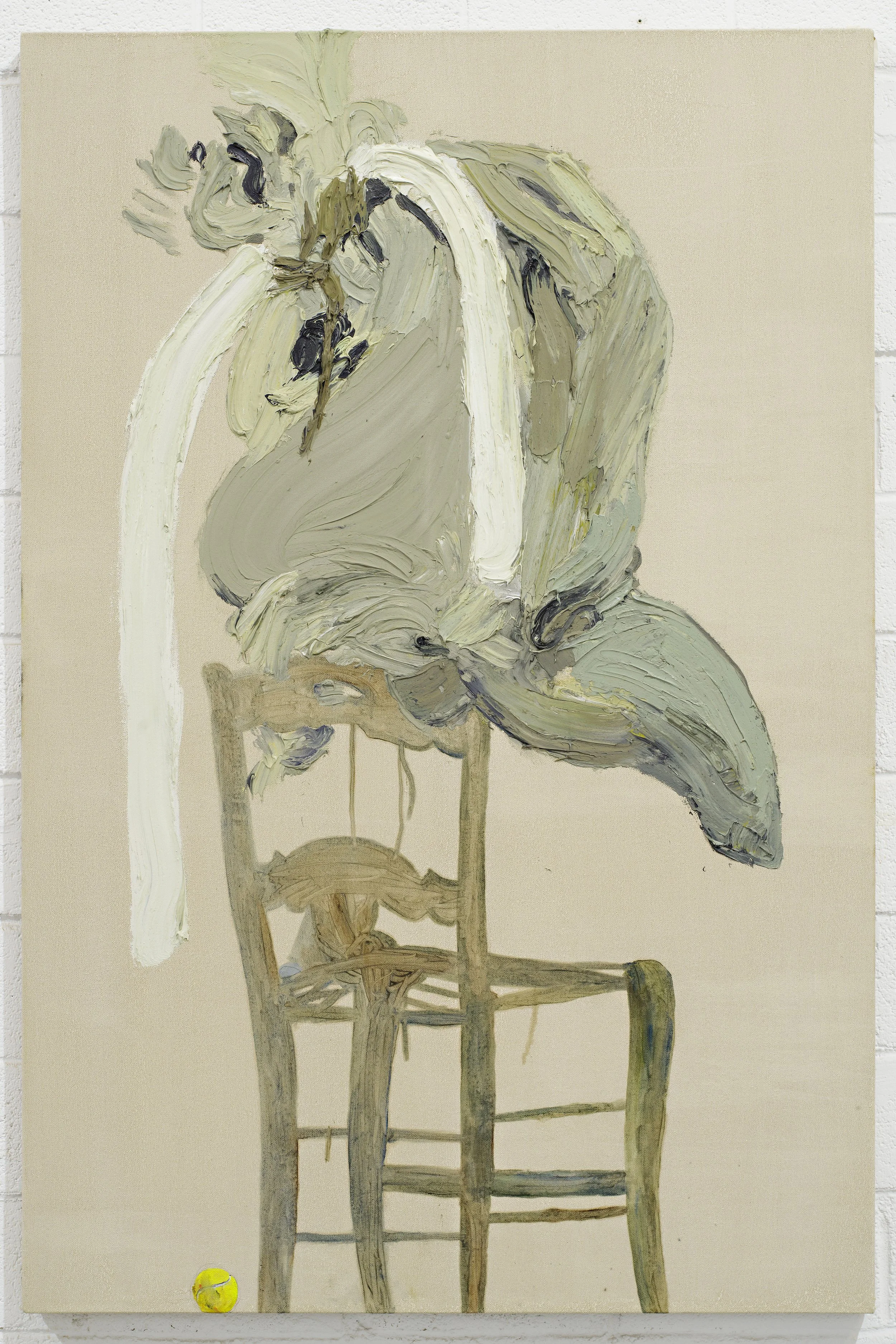 Figure 3. Portrait on a walnut chair with a tennis ball.
Oil on linen
195 x 130 cm
2026