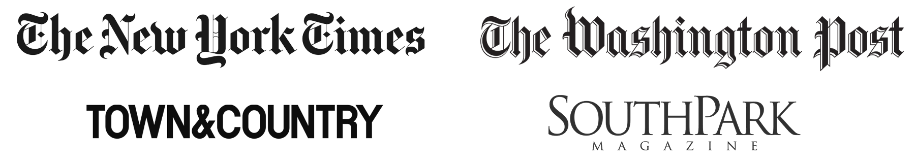 Logos of The New York Times, The Washington Post, TOWN & COUNTRY, and SOUTHPARK MAGAZINE