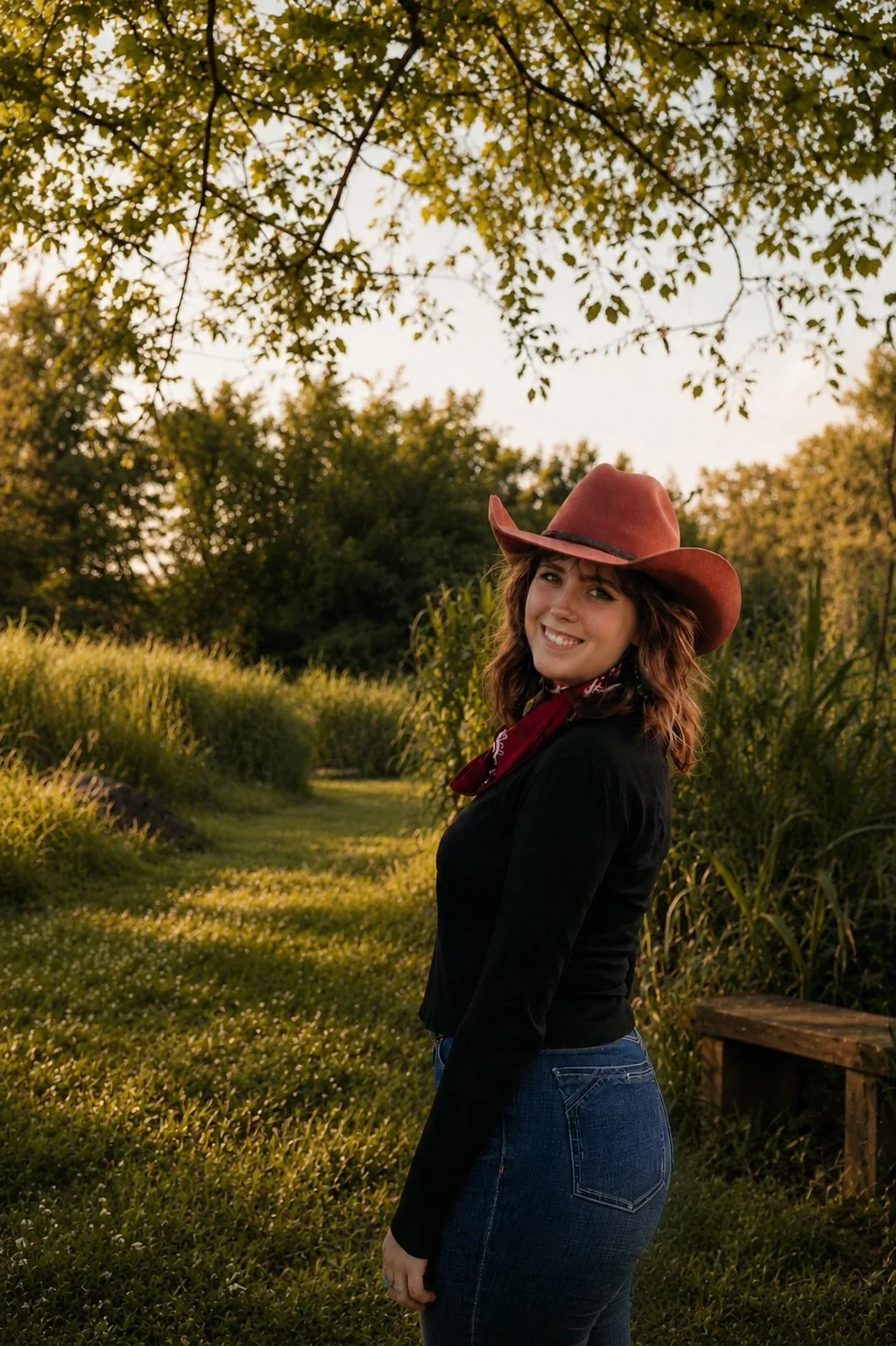 A woman wearing a brown cowboy hat, black long-sleeve shirt, and blue jeans standing outdoors in a lush green park or garden during sunset, smiling at the camera.