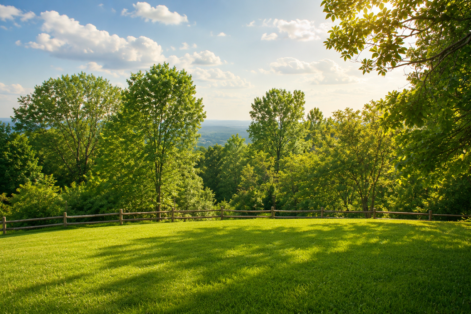 Green grass in the foreground, wooden fence, lush green trees, blue sky with white clouds, and sunlight filtering through the leaves.