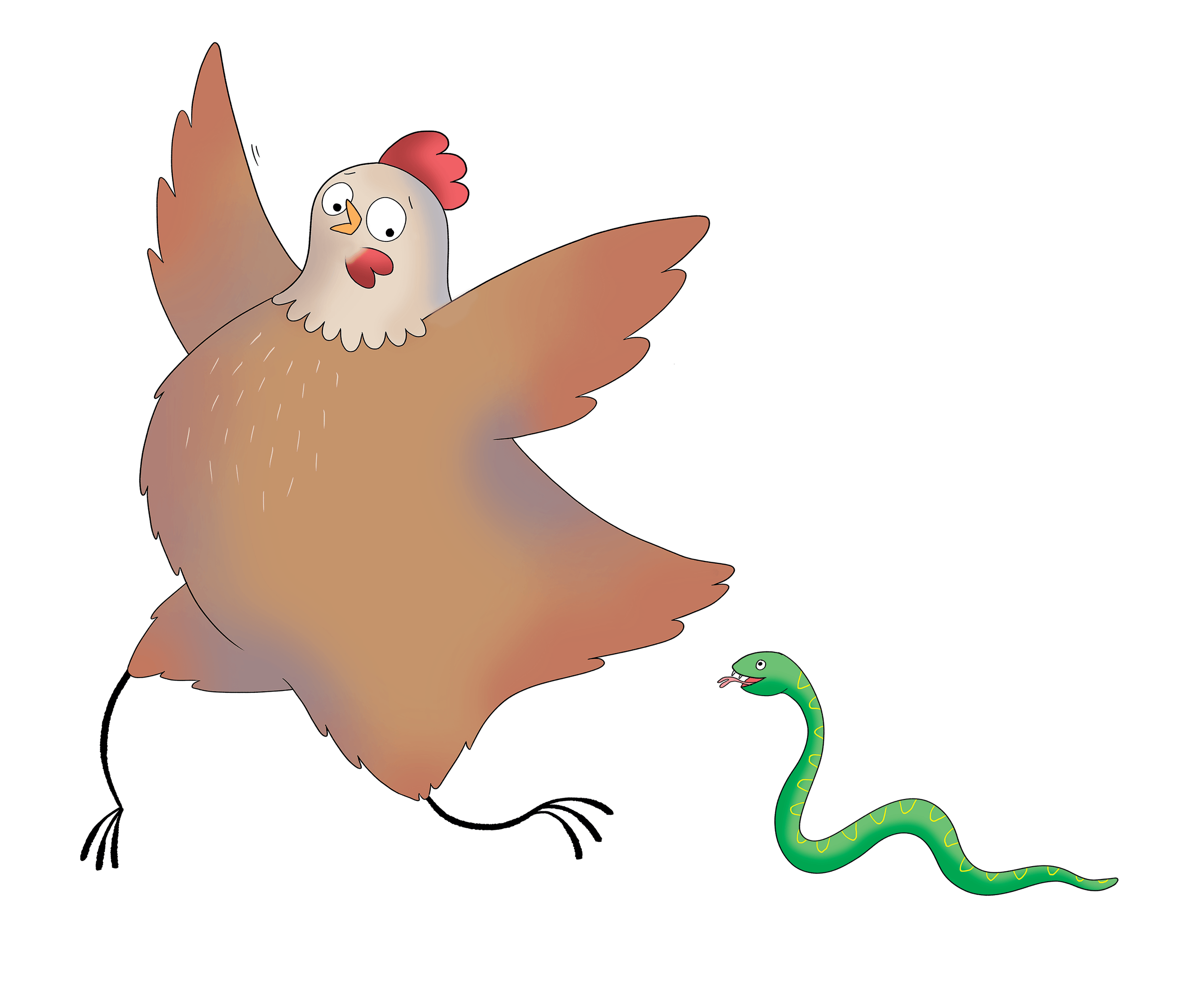 A cartoon illustration of a surprised chicken with wings spread wide, looking at a small green snake with yellow markings that is slithering toward it.