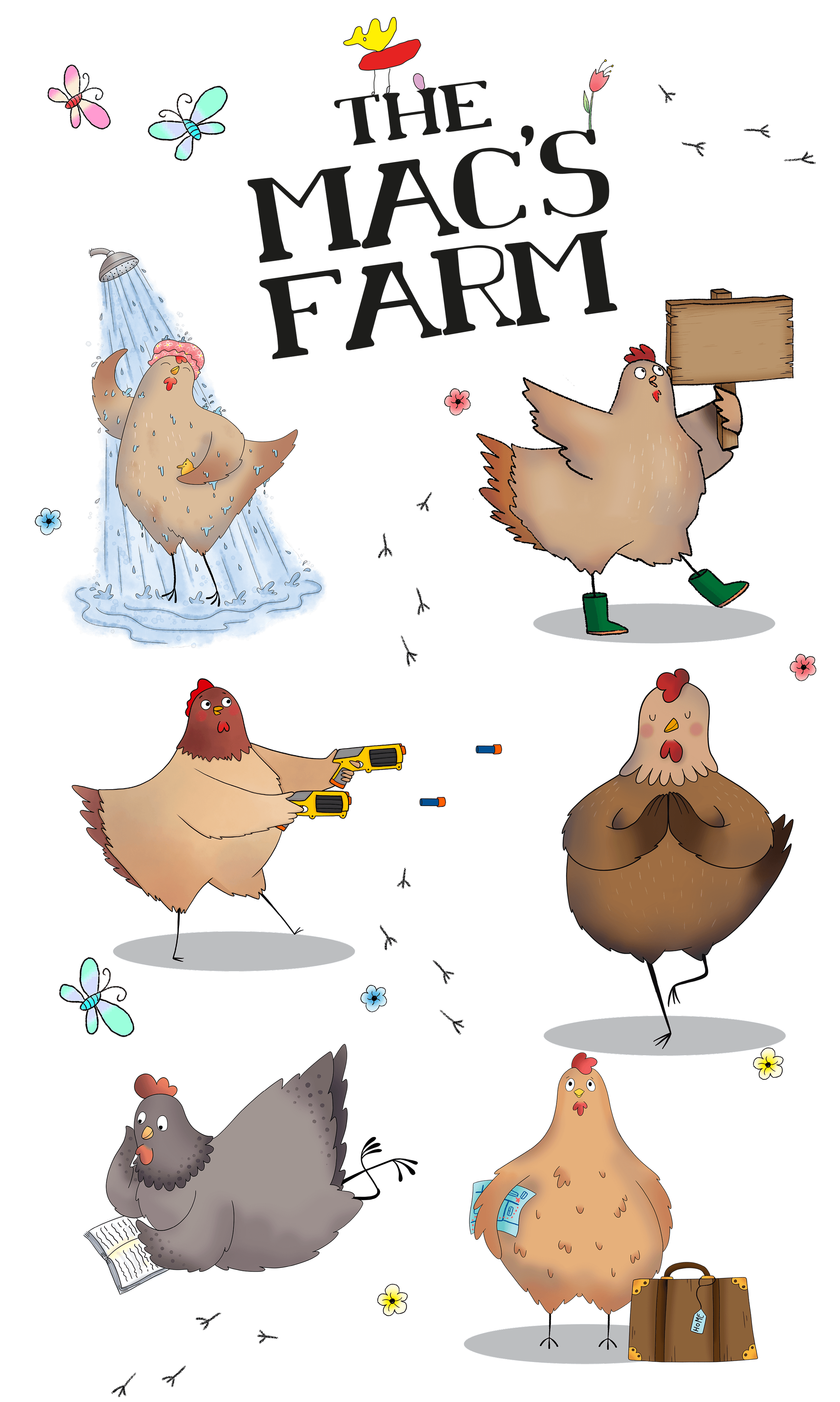 Cartoon chickens in various scenarios: one taking a shower, one holding a sign, one with power tools, one reading a newspaper, and others with accessories like bags and documents, with the title 'The Chick's Farm' at the top surrounded by flowers and butterflies.