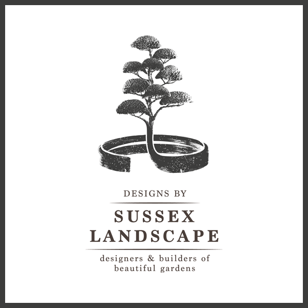 Logo for Sussex Landscape with a stylized tree growing from a circular border, featuring the text 'Designs by Sussex Landscape, designers & builders of beautiful gardens'.