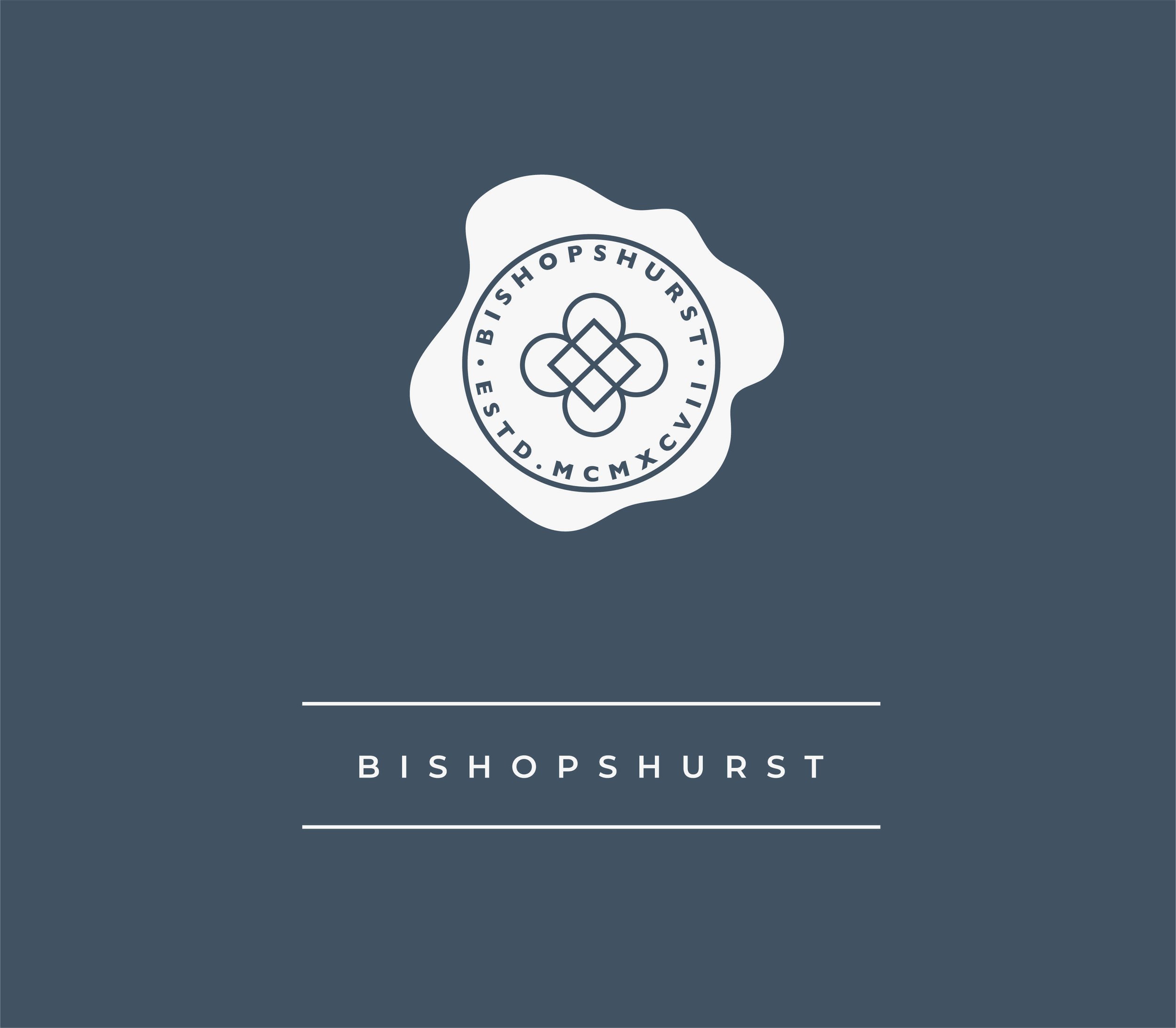 A digital graphic design featuring a dark blue background, a white seal with a geometric pattern and the text 'BISHOPSHURST', and the words 'BISHOPSHURST' in white capital letters.