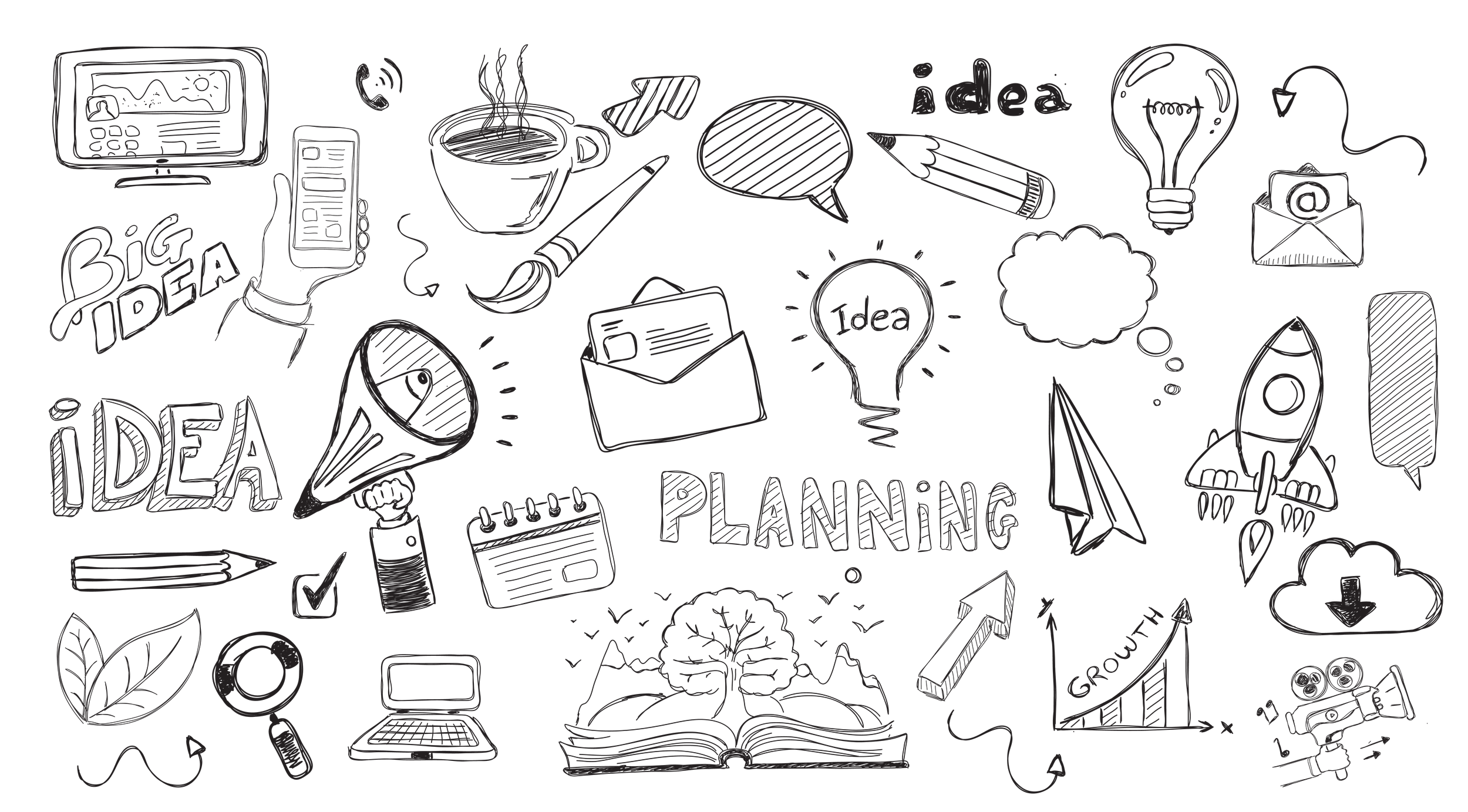 Black background with hand-drawn style sketches of planning ideas including a lightbulb, rocket, table, calendar, coffee cup, and the words 'idea,' 'big idea,' and 'planning'.