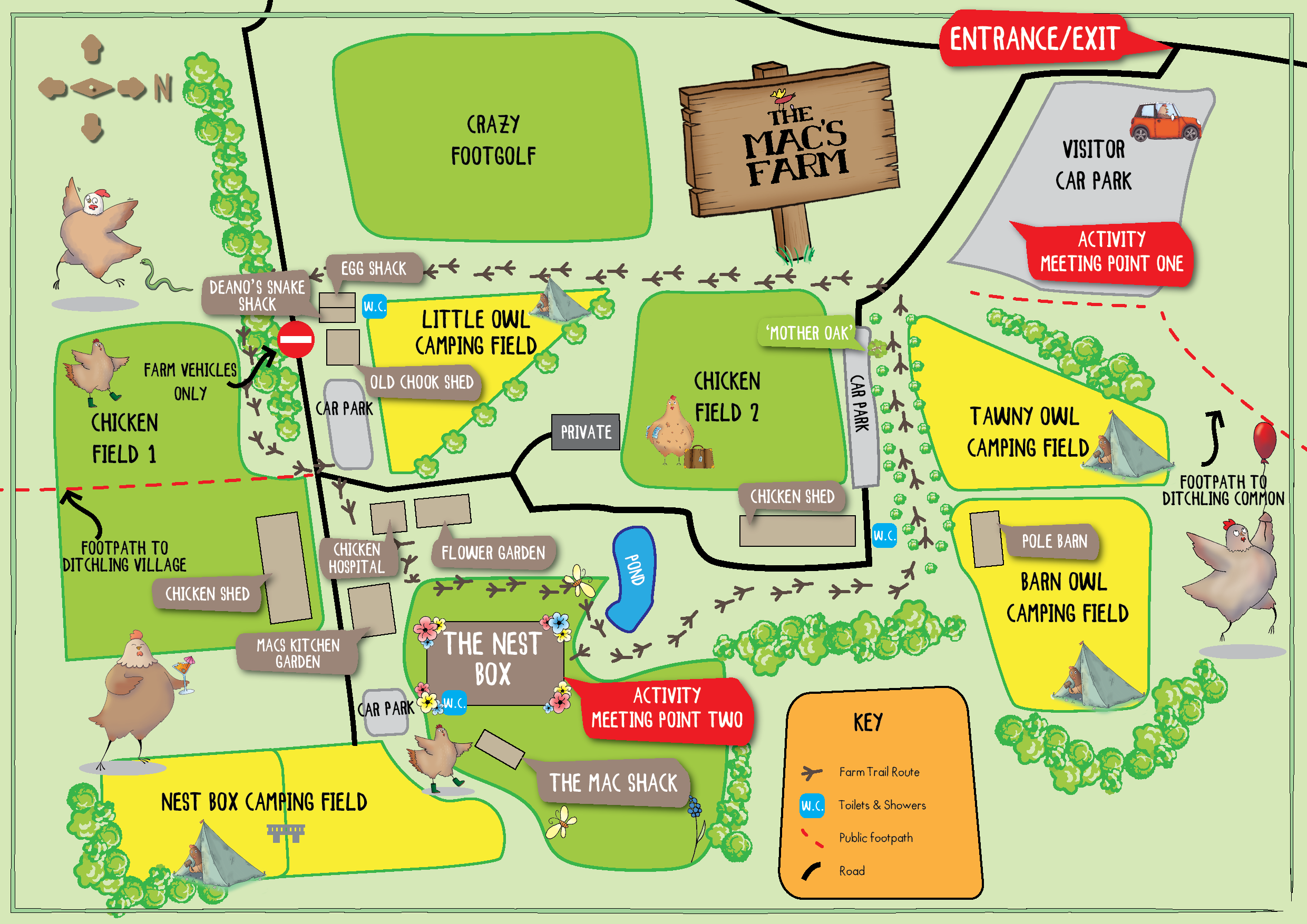 A colorful map of The Mac's Farm featuring various camping fields, activity meeting points, animal sheds, and other amenities. Key points include Little Owl Camping Field, Tawny Owl Camping Field, Barn Owl Camping Field, and several animal and farm-related structures.