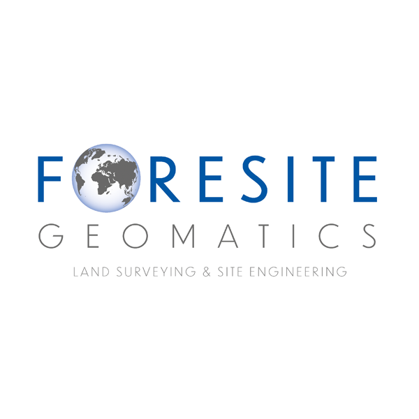 Foresite Geomatics logo featuring a globe replacing the letter 'O', with text 'Foresite Geomatics' and the tagline 'Land Surveying & Site Engineering'.