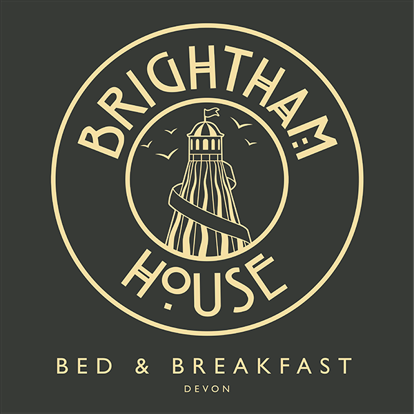 Logo for Brightham House Bed & Breakfast in Devon with a lighthouse illustration and the name encircling it.