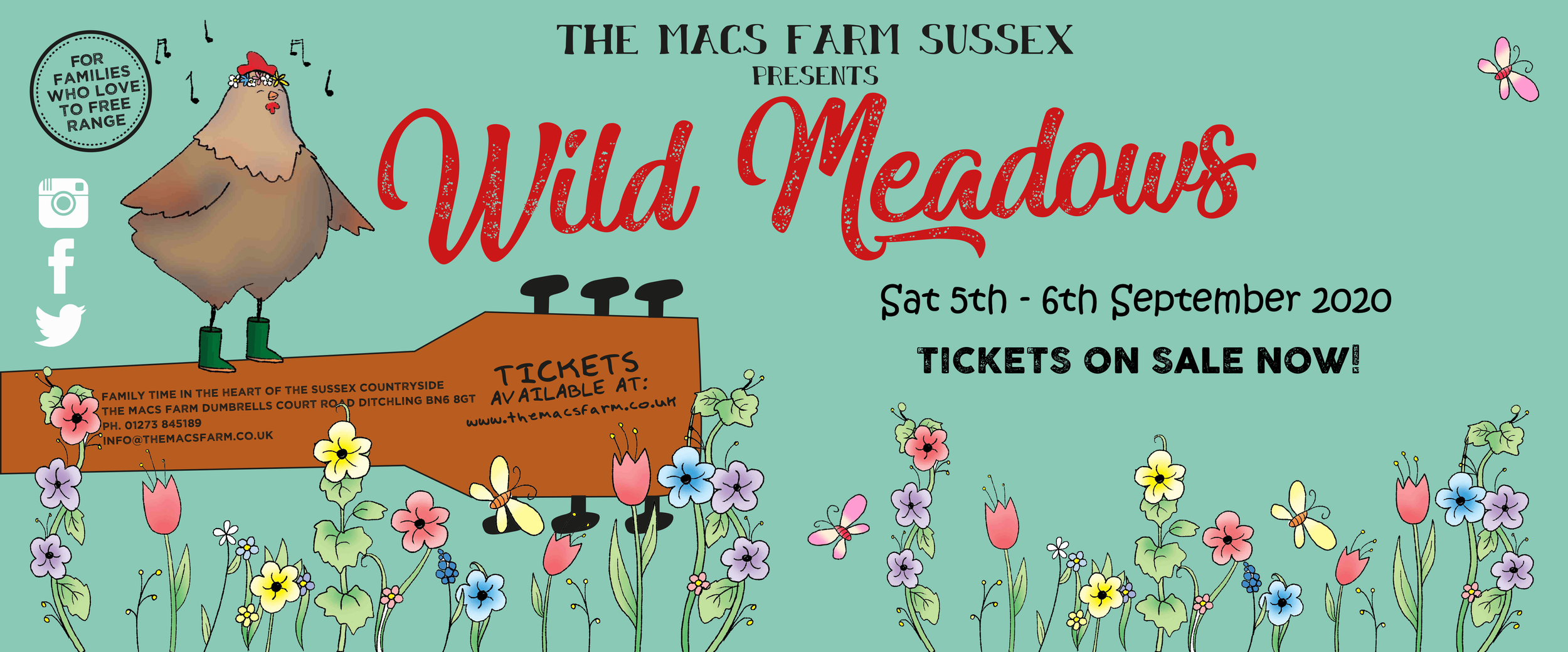 Celebration poster for Wild Meadows event at The Mac's Farm Sussex, taking place on September 5th and 6th, 2020. Features a cartoon chicken wearing green boots, surrounded by colorful flowers and butterflies, with event details and contact information.
