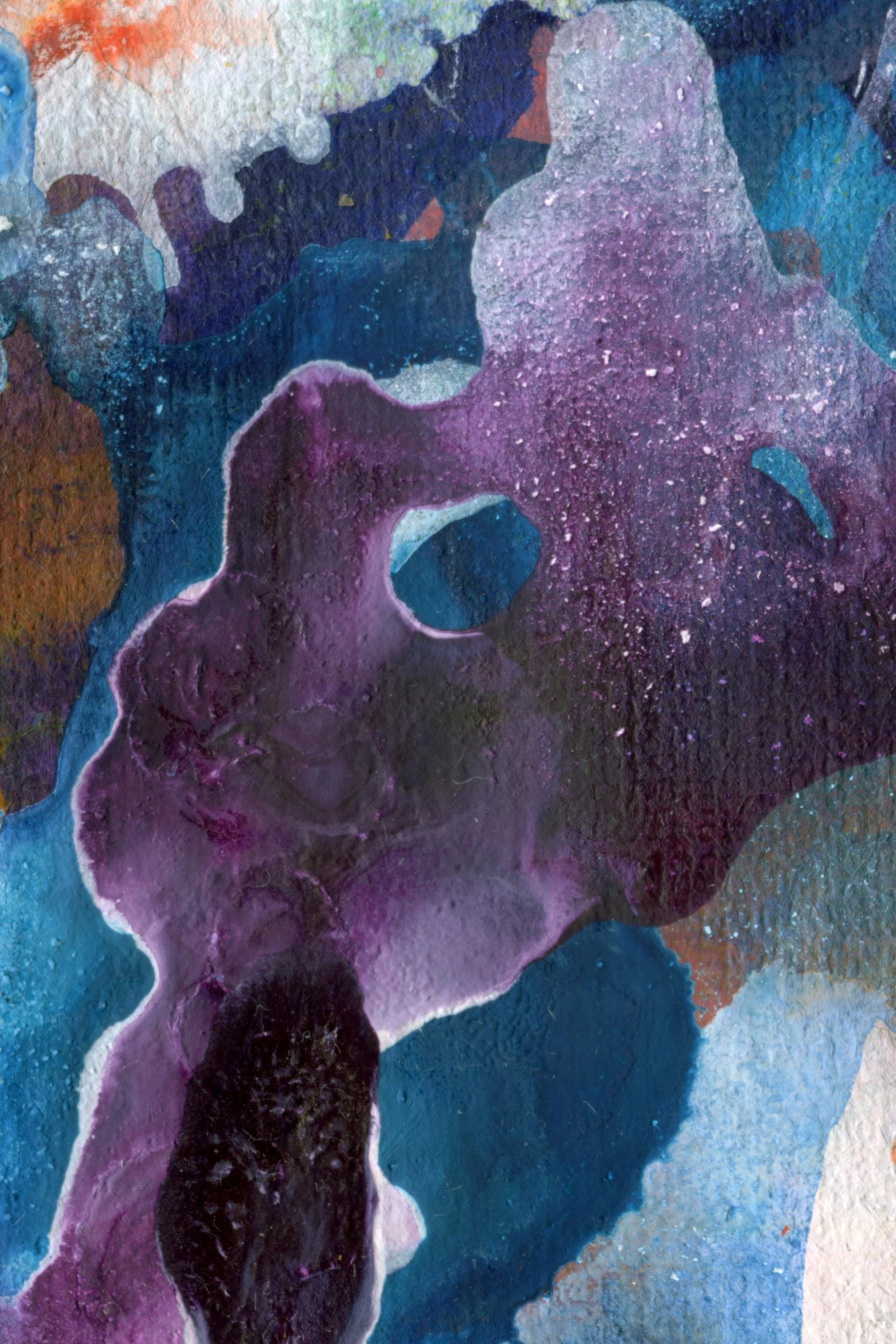Abstract watercolor painting with shades of purple, blue, pink, and black, featuring organic shapes and textures.