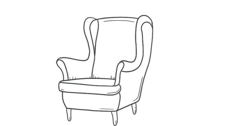 Outline drawing of a vintage armchair with high backrest and curved armrests.