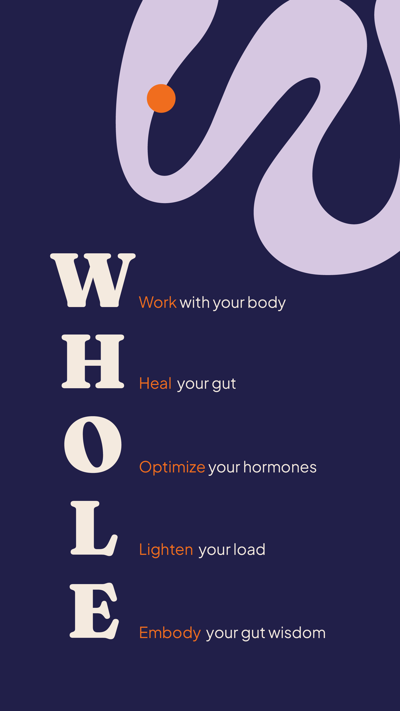 An infographic with motivational messages for physical and mental health. It features the words 'WHOLE' vertically, with each letter associated with a health tip: 'Work with your body,' 'Heal your gut,' 'Optimize your hormones,' 'Lighten your load,' and 'Embody your gut wisdom.' The background is dark with purple abstract shapes and orange and white text.