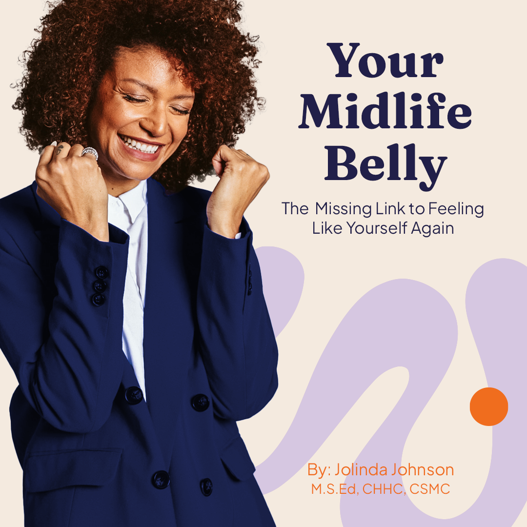 A smiling woman with curly hair wearing a navy blue blazer, raising her fists in a victorious pose. The text on the image reads 'Your Midlife Belly: The Missing Link to Feeling Like Yourself Again' by Jolinda Johnson, M.S.Ed, CHHC, CSMC.