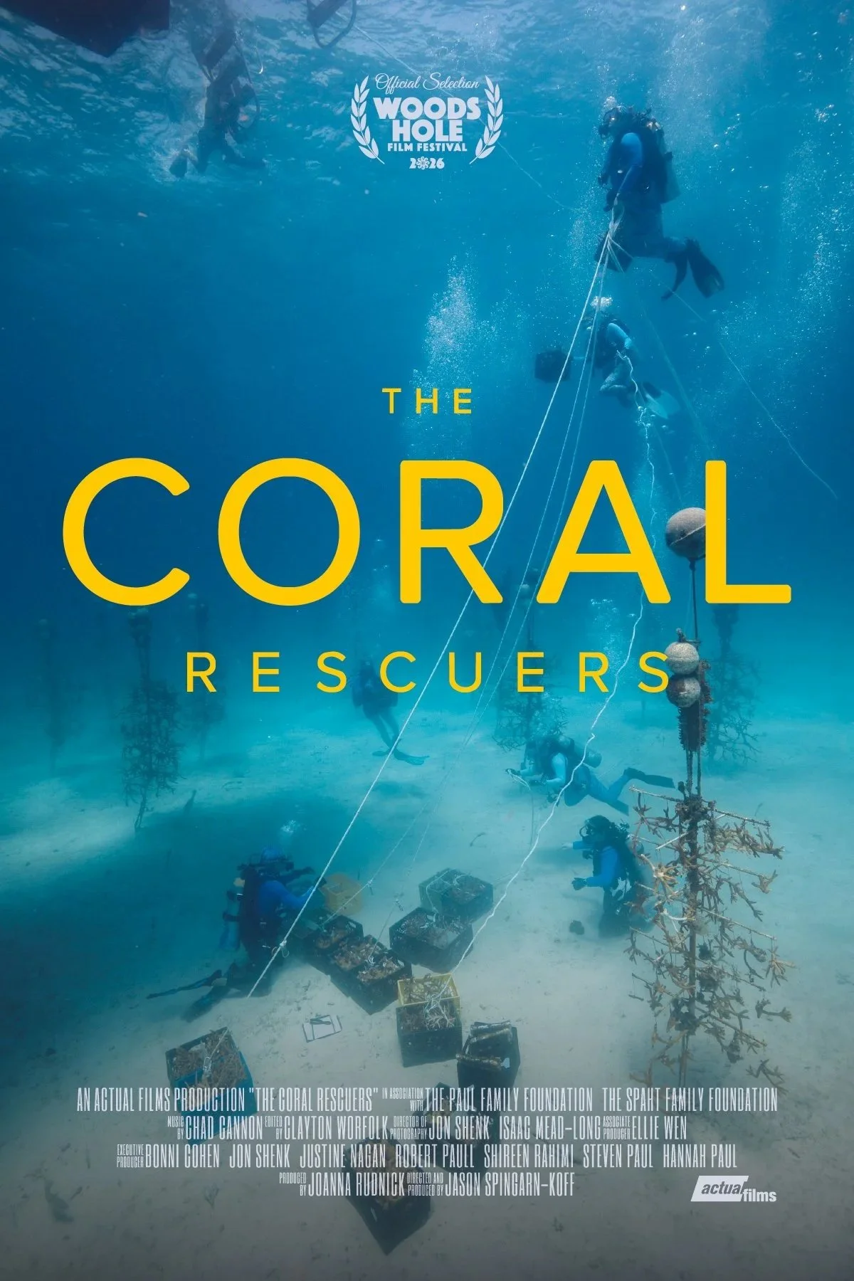 Underwater scene with divers rescuing coral, film poster for "The Coral Rescuers".