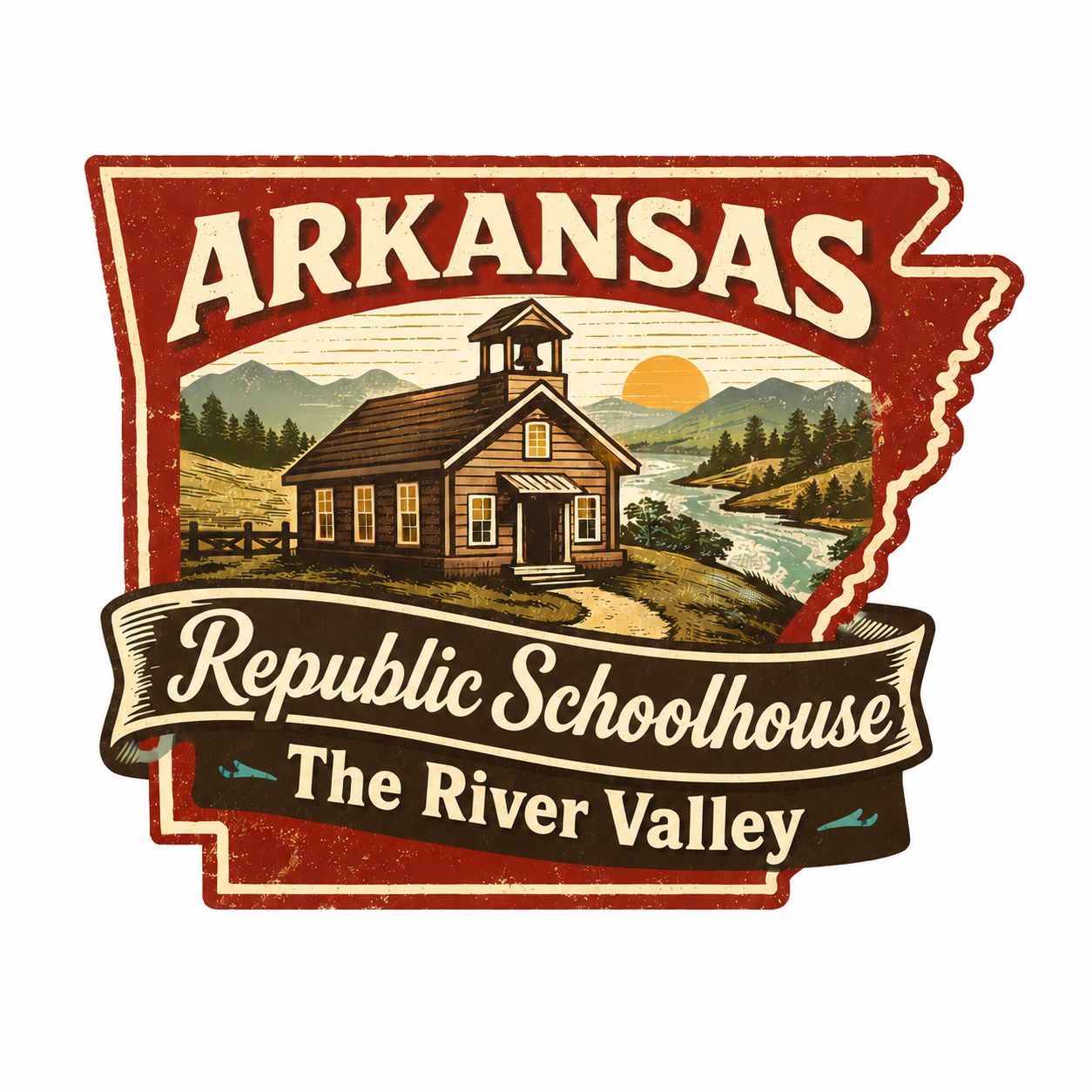 Vintage-style illustration of a schoolhouse in Arkansas' River Valley with mountains, river, and sunset in background, featuring text 'Arkansas,' 'Republic Schoolhouse,' and 'The River Valley'.