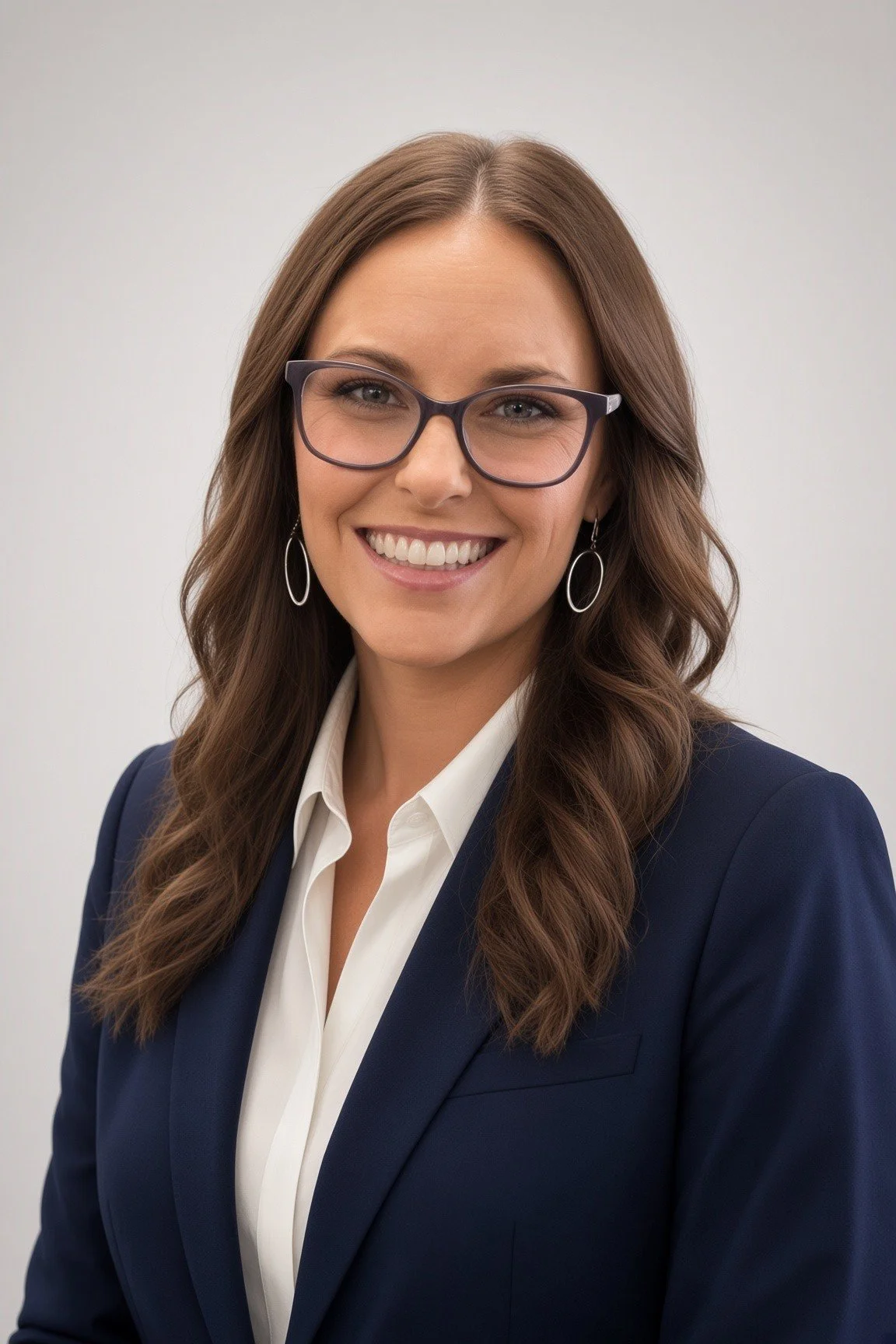 A professional woman with long brown hair, wearing glasses, a white shirt, and a navy blazer, smiling against a plain background.