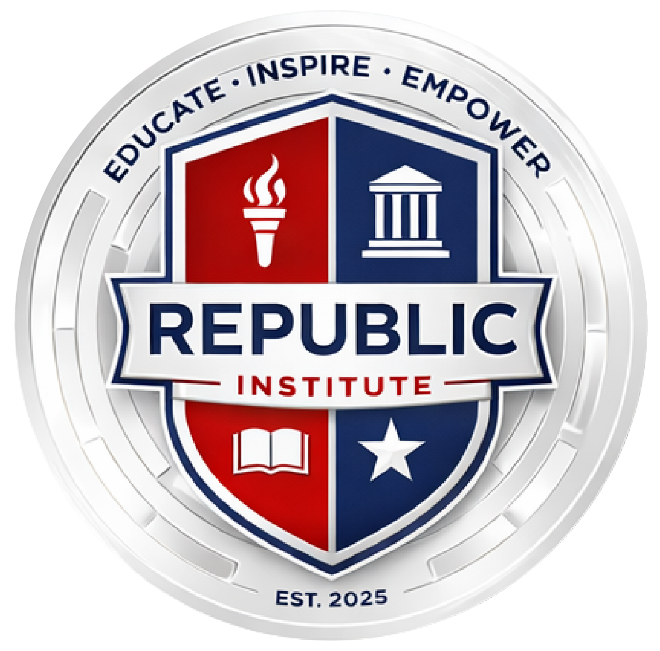 Logo of the Republic Institute, featuring a shield divided into four sections with symbols of a torch, a government building, an open book, and a star. The shield is surrounded by the words "Educate, Inspire, Empower" and the text "EST. 2025."