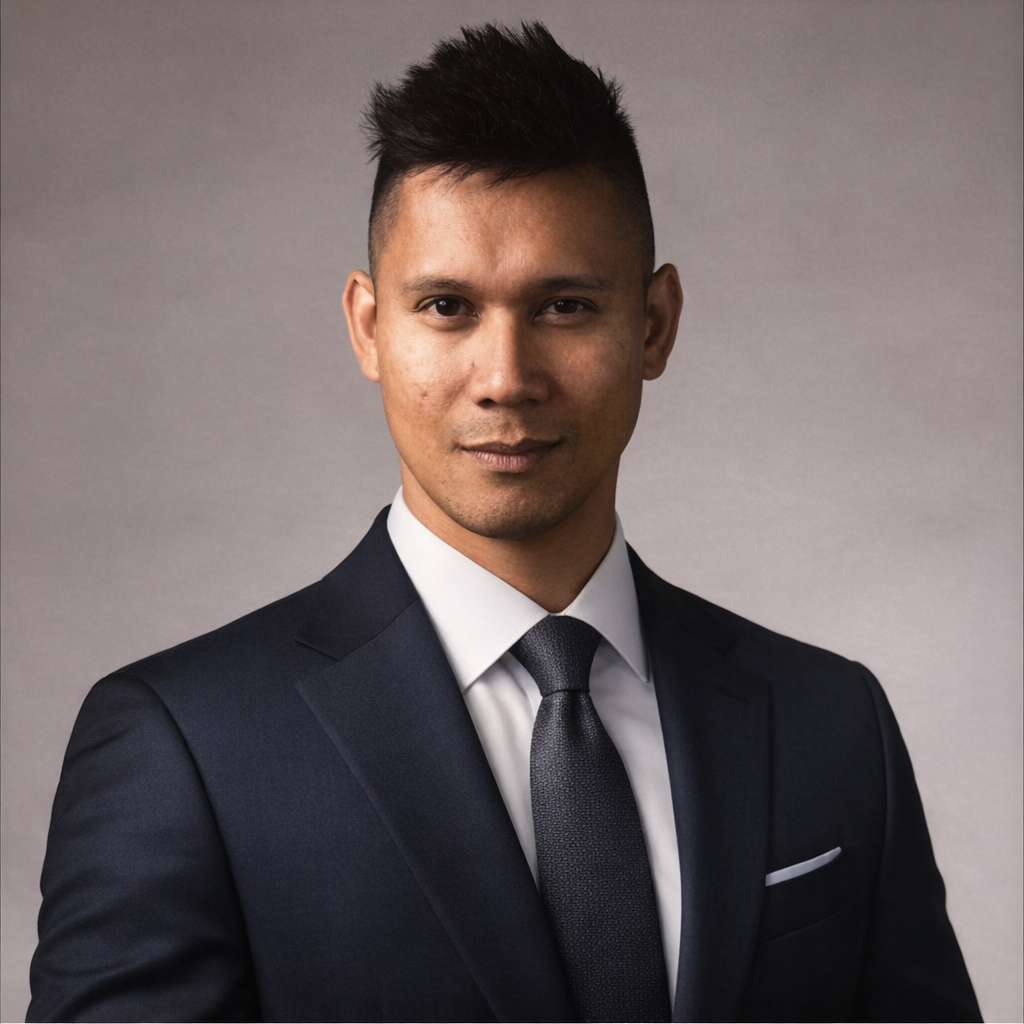 A man in a dark suit, white dress shirt, and tie, standing against a plain gray background.