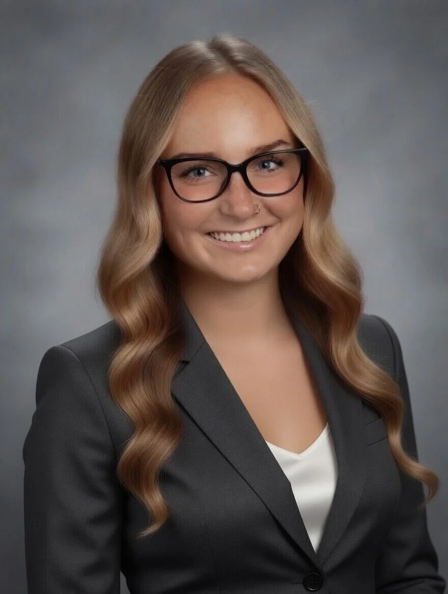 A woman with wavy blonde hair, glasses, and a septum piercing, smiling in a professional black blazer and white top against a gray background.