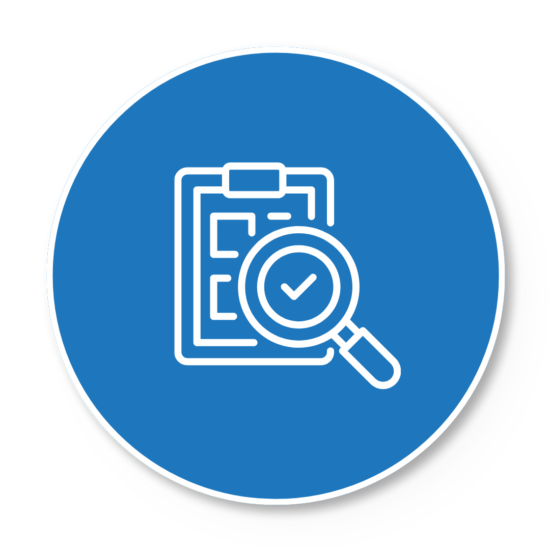 Blue circular icon with a white outline of a clipboard and a magnifying glass with a check mark inside.