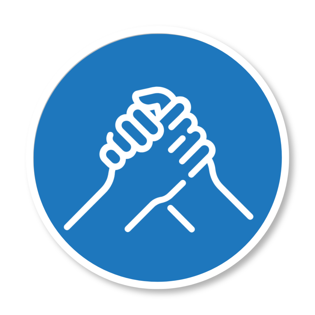 Symbol of one hand grasping another in support or solidarity, depicted in white within a blue circle.