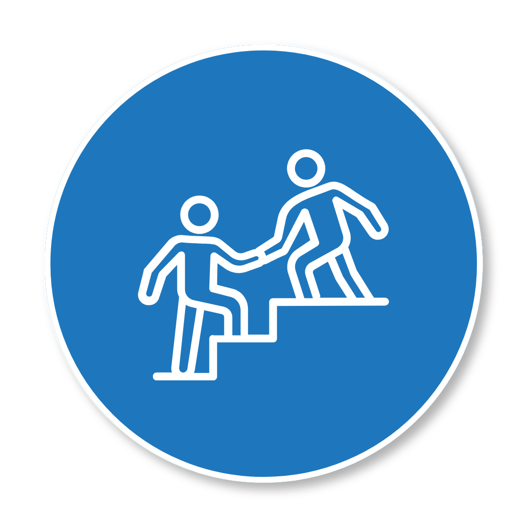 Blue circular sign with white outline figures of two people helping each other up stairs, symbolizing assistance or support.