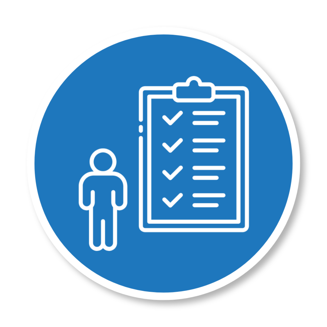 Icon of a person standing next to a clipboard with checkmarks, representing a task list or checklist.