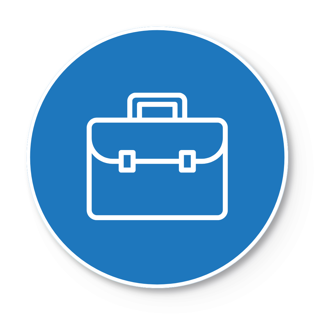Blue circular icon with a white outline of a briefcase in the center.