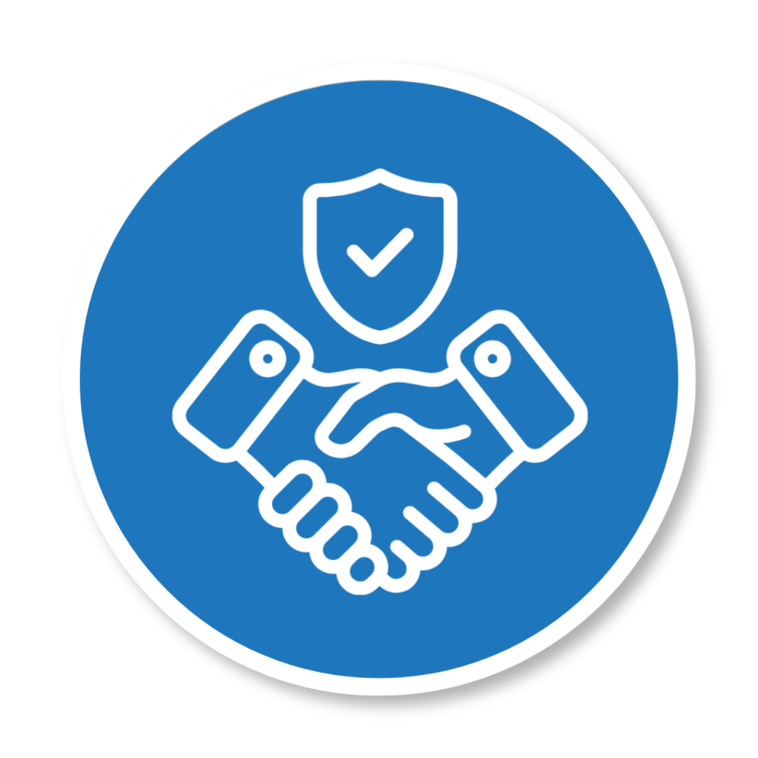 Blue circular icon with two white outlined hands shaking, a shield with a checkmark above them, indicating trust, security, or partnership.
