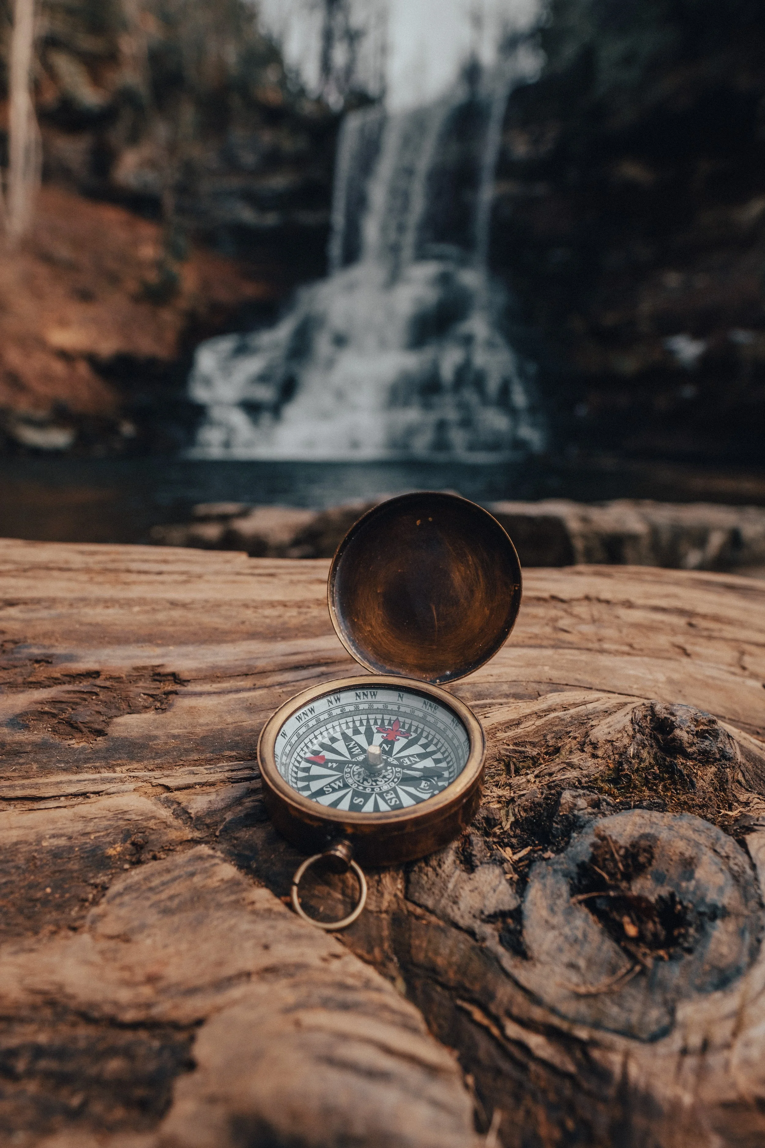 A compass resting on a large piece of driftwood with a waterfall in the background.