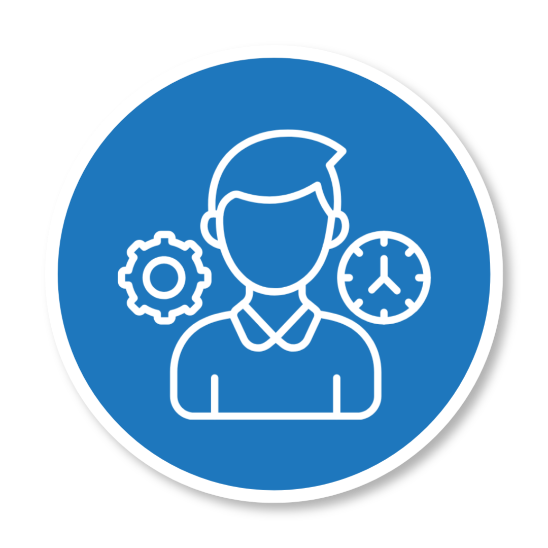 Icon of a person with a gear and clock behind them, representing time management or productivity.