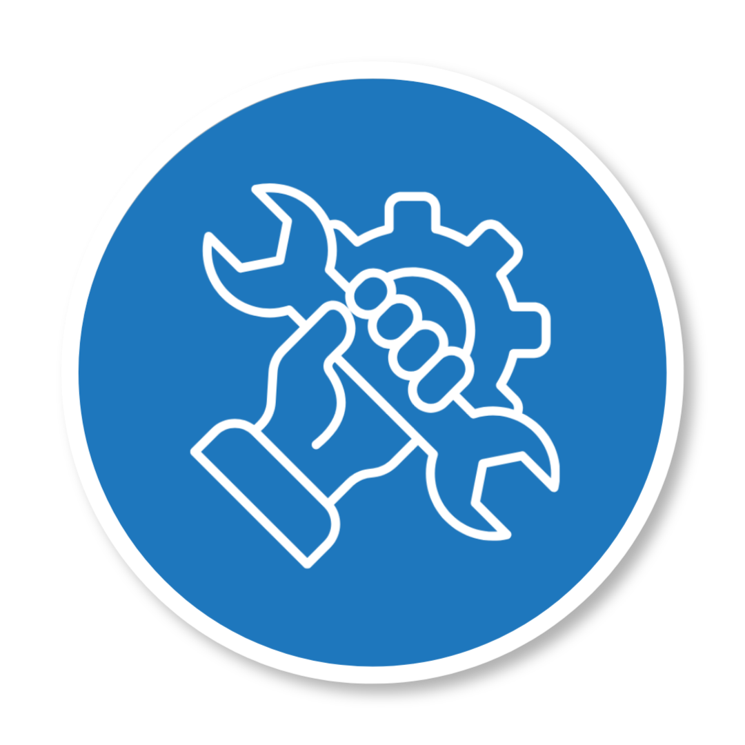 Service or maintenance icon featuring a hand holding a wrench, gear, and hammer inside a blue circle.