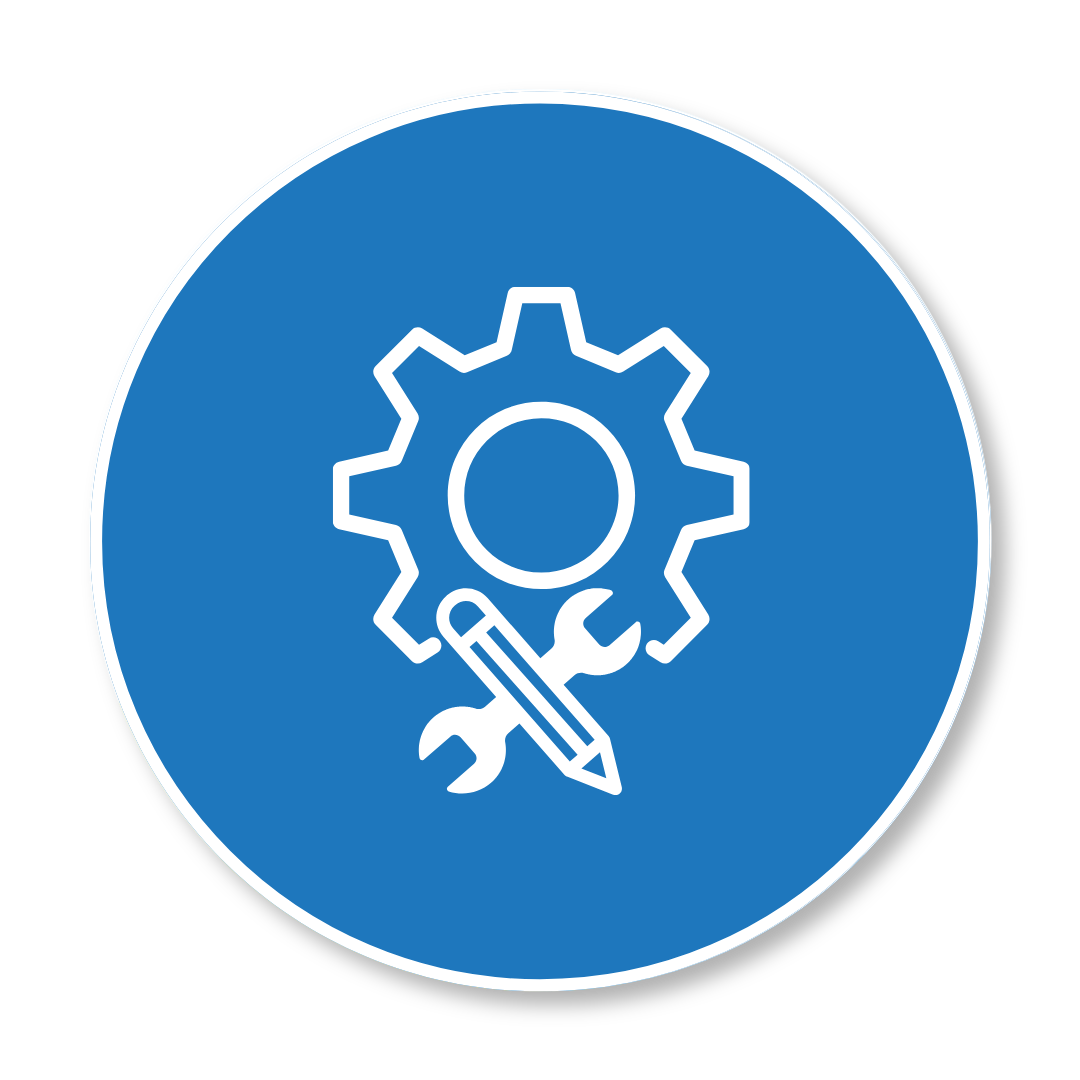 Blue circular icon with a white gear, a wrench, and a pencil.