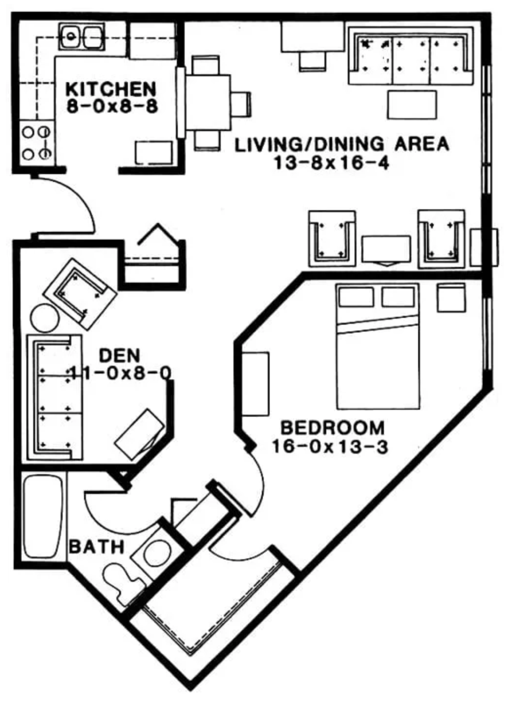 Floor plan of an apartment showing a kitchen, living/dining area, bedroom, den, and bathroom.